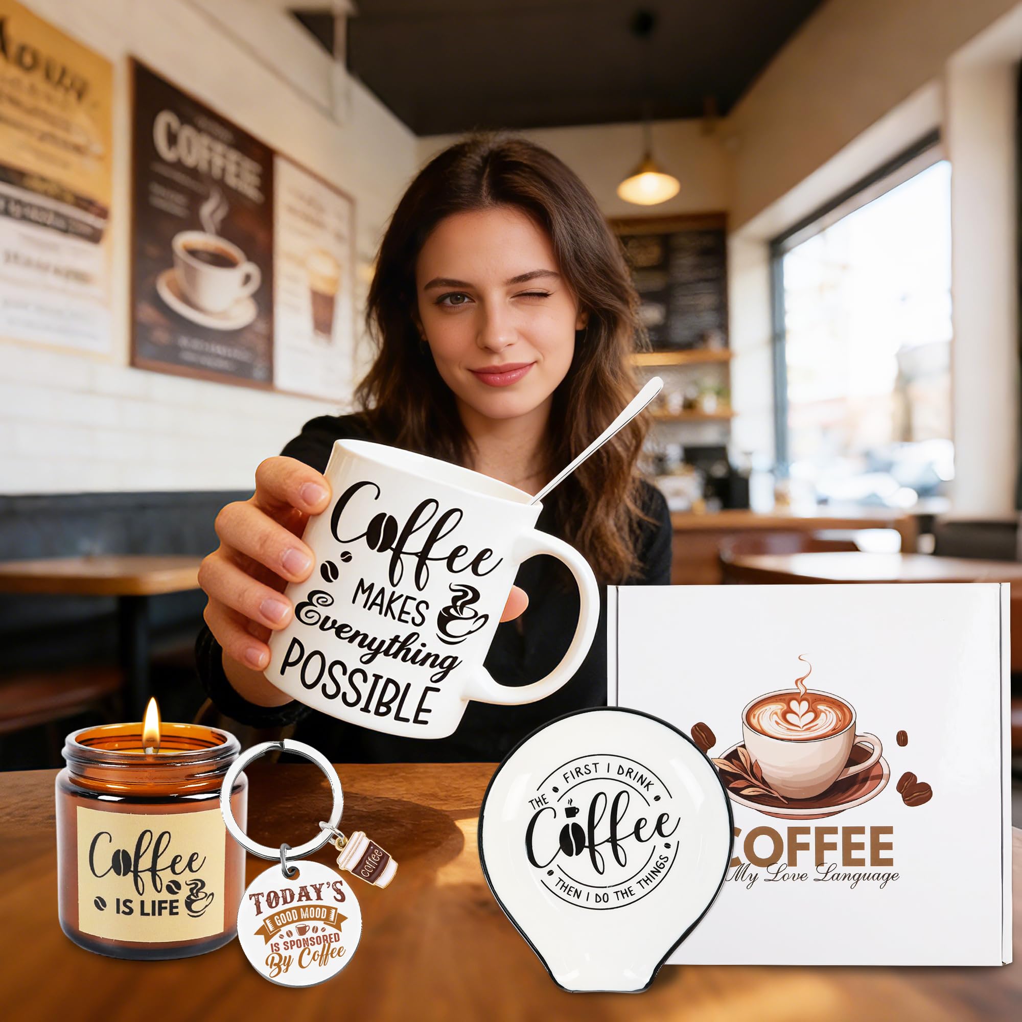 Coffe Gifts for Women, 6 Pcs Coffee Gift Basket, Includes Mug, Candle, Ceramic Coaster, Spoon, Keychain & Sock, Christmas Mother's Day Birthday Present for Coffee Lover