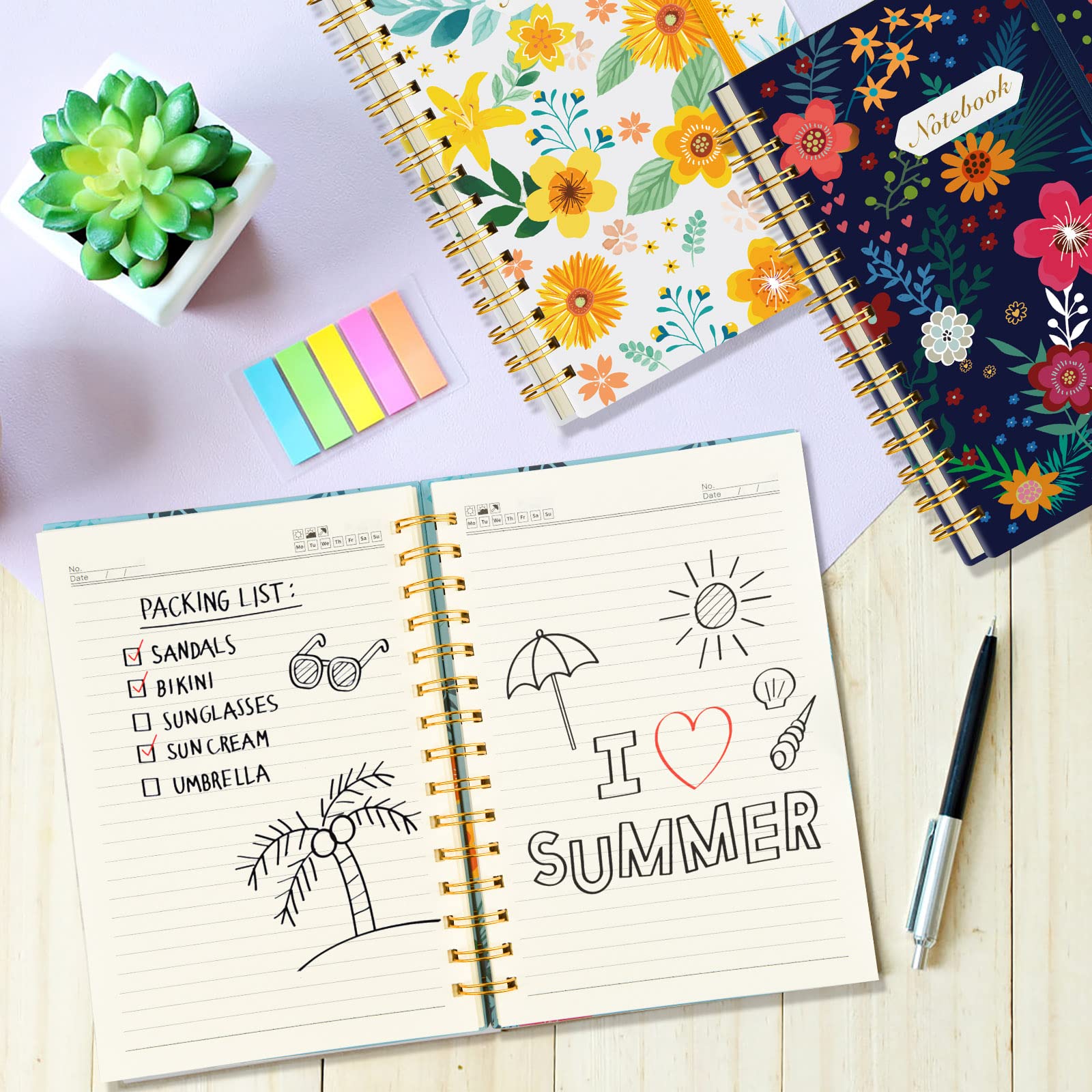 Coopay Confezione da 4 quaderni a spirale, formato A5, composizione a righe, con copertina rigida, motivo floreale, per ufficio, casa, scuola, lavoro, 21 x 14 cm, 160 pagine