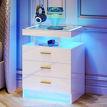 LED Bedside Table with Charging Function and 3 Drawers for Bedroom White