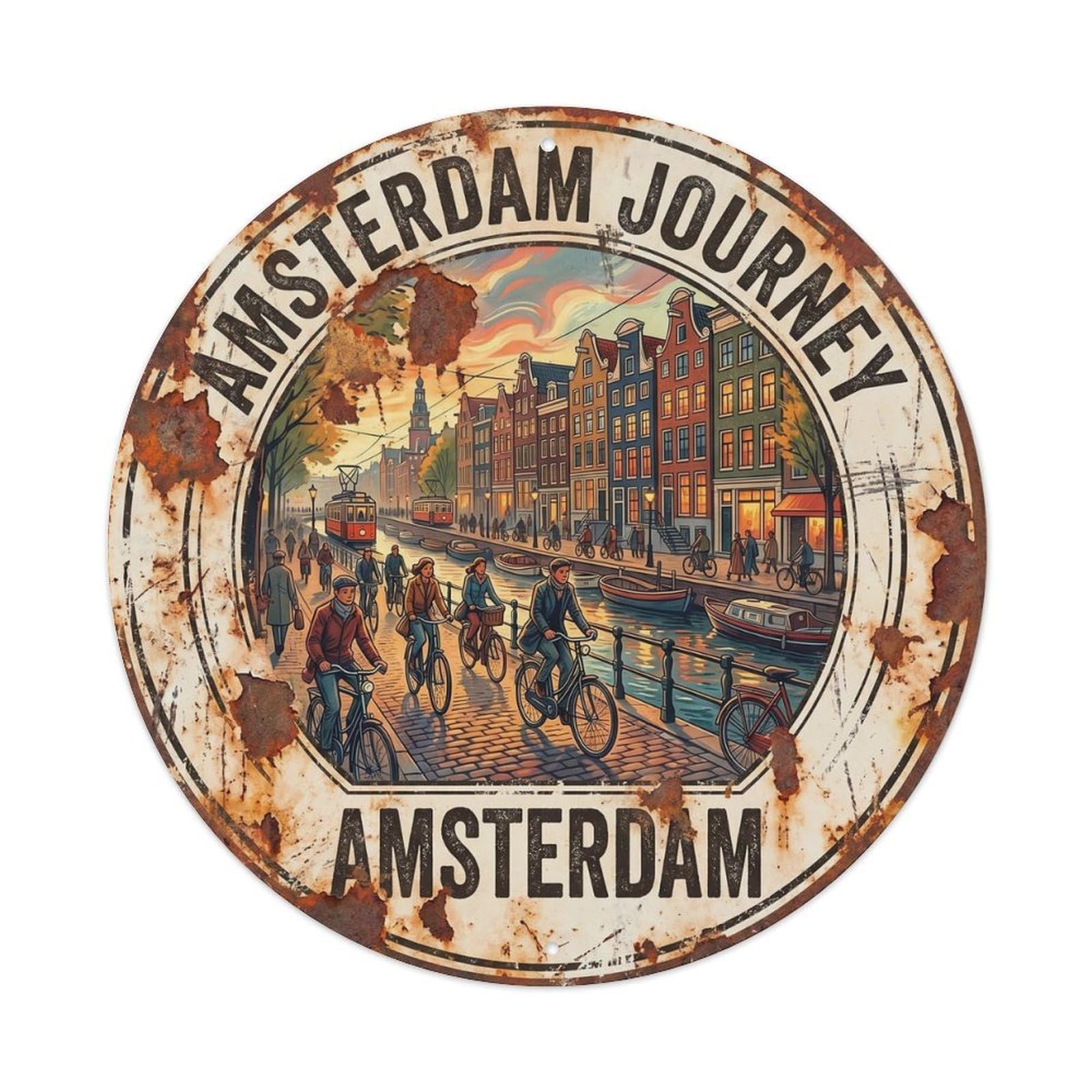 Amsterdam Bicycle Street Heritage Destination Scenic Metal Tin Sign Plaque Wall Decor for Cafe, Man Cave, Club Bar, Office, Home Garden Round Metal Poster 8x8Inch