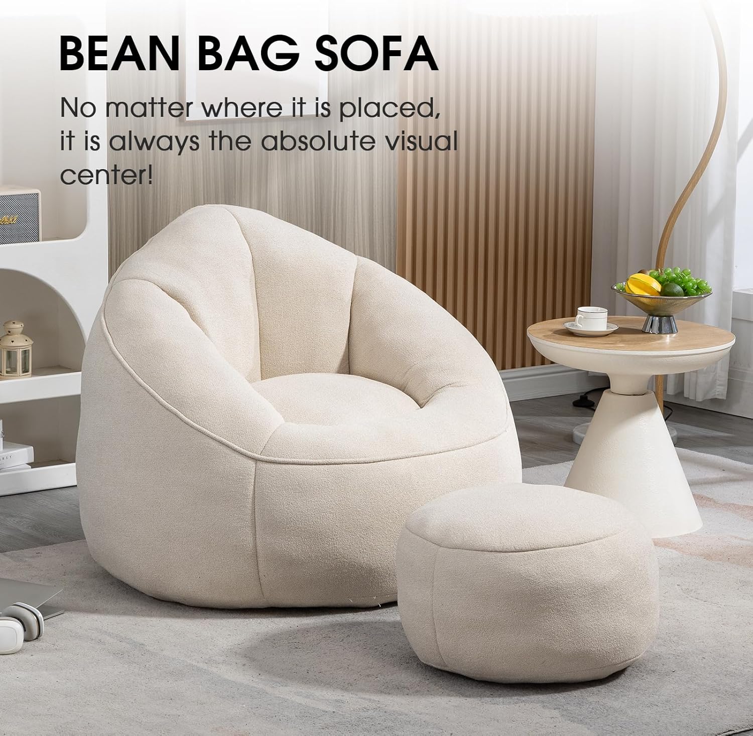 Bean Bag Chair for Adult, Microfiber Upholstered Bean Bag Sofa with Petal Back, Shell-Shaped Beanbag Chair with Footstool, Memory Foam Stuffed Lazy Sofa for Living Room, Bedroom (Beige) 2 81n03fu5a8L. AC SL1500