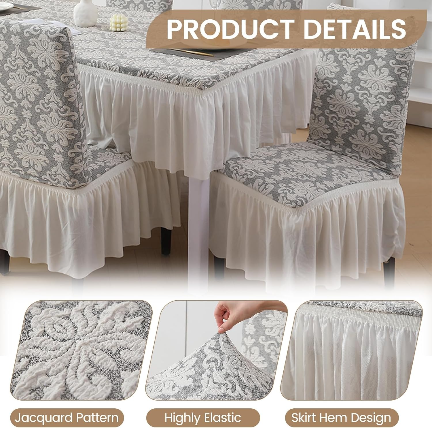 Rakila Set of 6 Jacquard Stretch Chair Covers with Skirt Washable Removable Chair Protector for Dining Kitchen (White, 6 Pack)