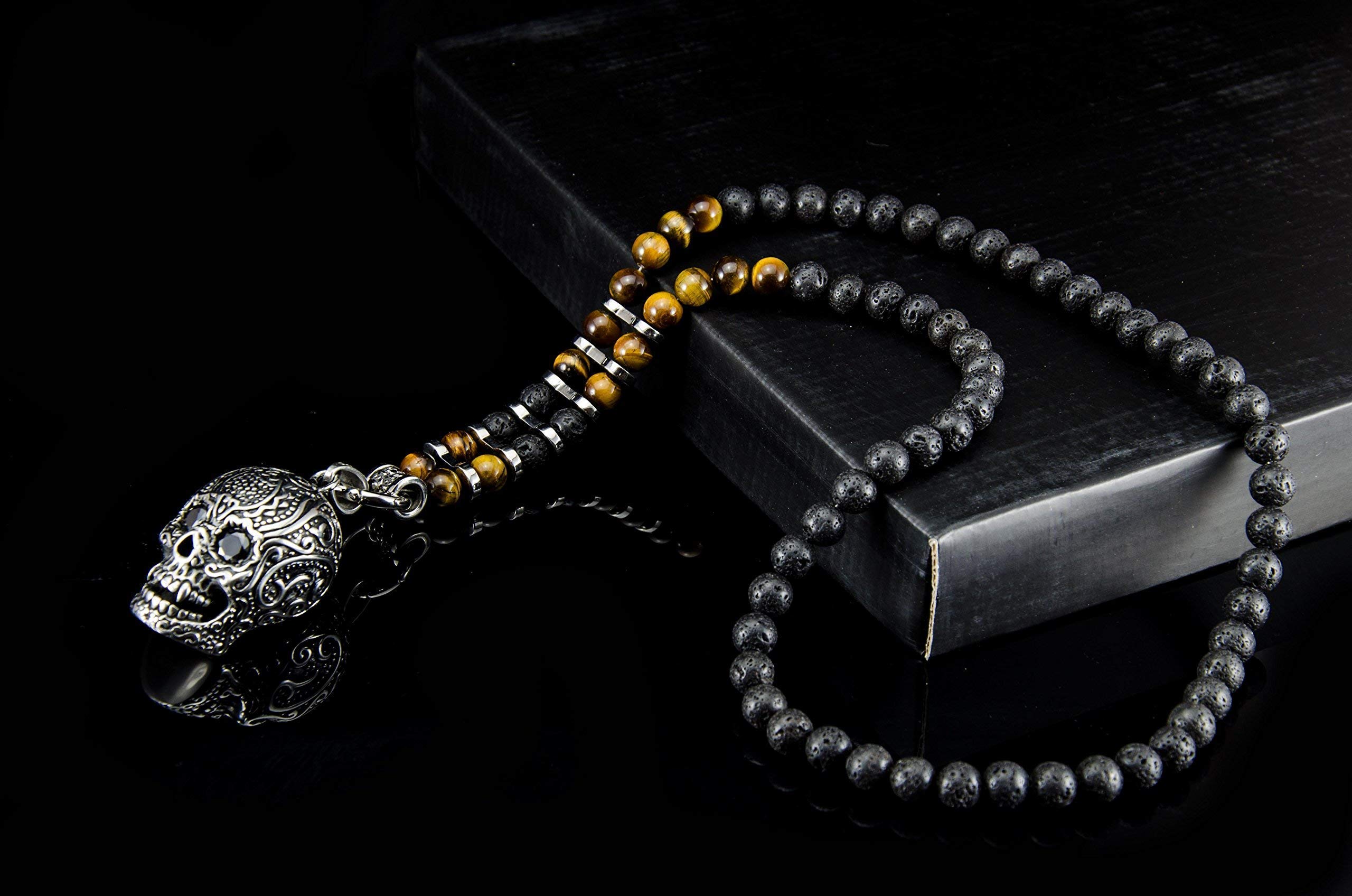 Kette für Herren Männer Halbedelstein Totenkopf Halskette Rosenkranz Onyx Schmuck schwarz Perlenkette Bikerschmuck Skull Edelstahl Gebetskette Geschenk Gothik Matt Lava Handmade