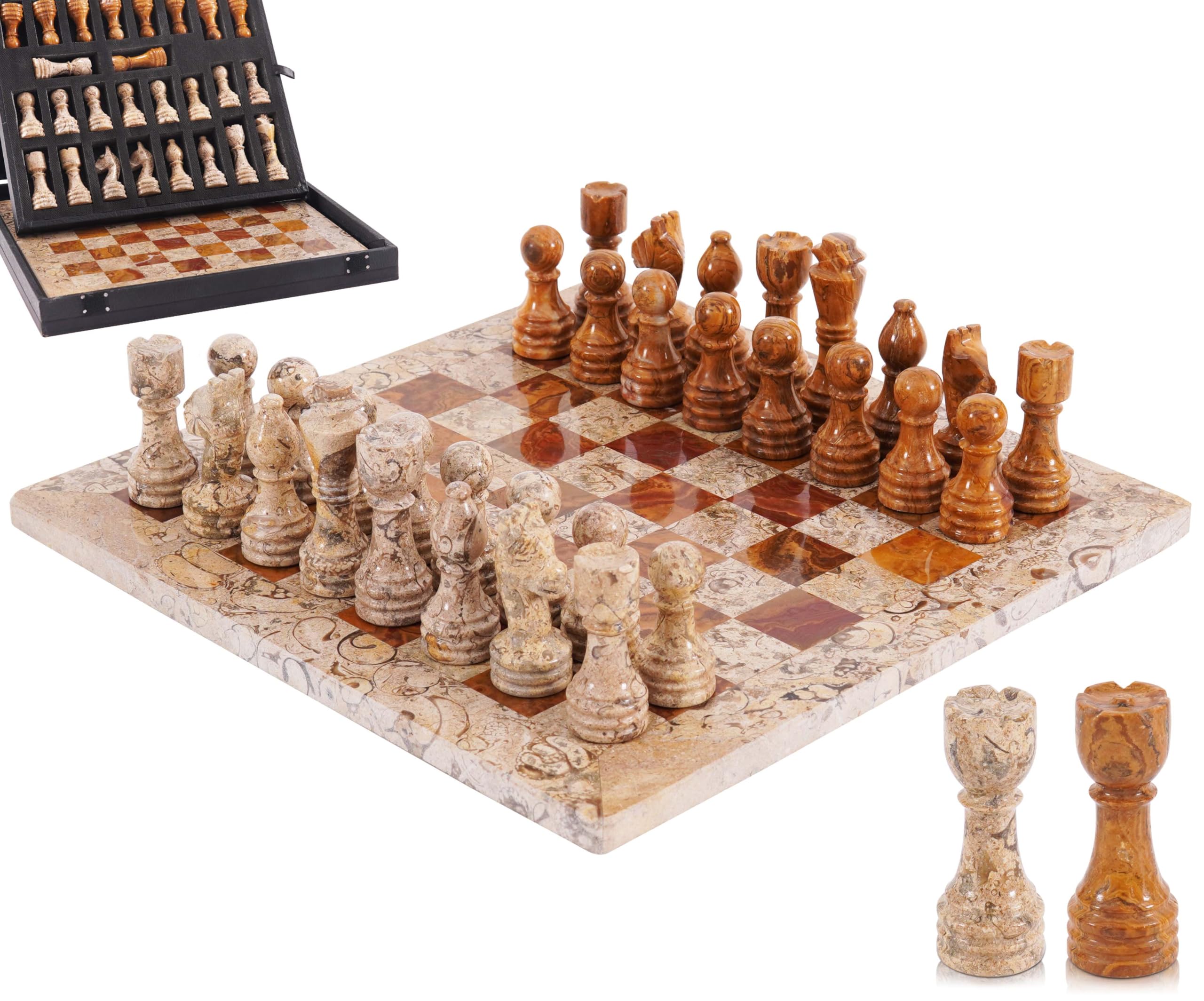 Marble Chess Set 12" Inches Coral & Red Handmade Chess Sets for Adults - Marble Board Game for Family with Storage Box & 2 Extra Queen, Ideal Travel Chess Set & Home Décor