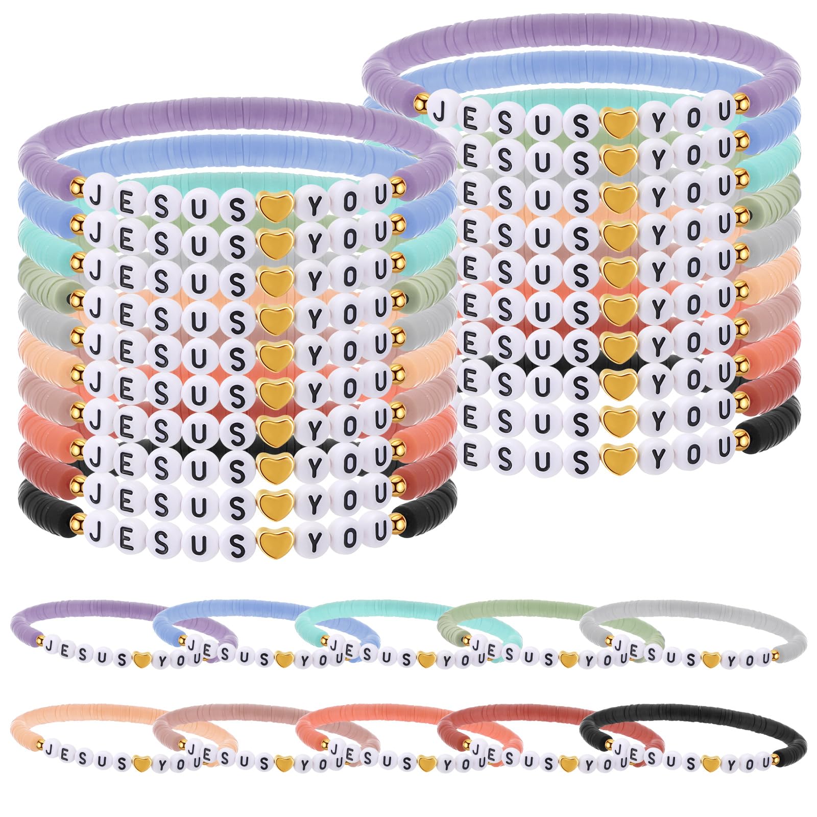 Landical 30 Stück Jesus Loves You-Armbänder, große Freundschaftsarmbänder, Tonperlen, christliche Armbänder für Kinder, religiöse Jesus liebt dich