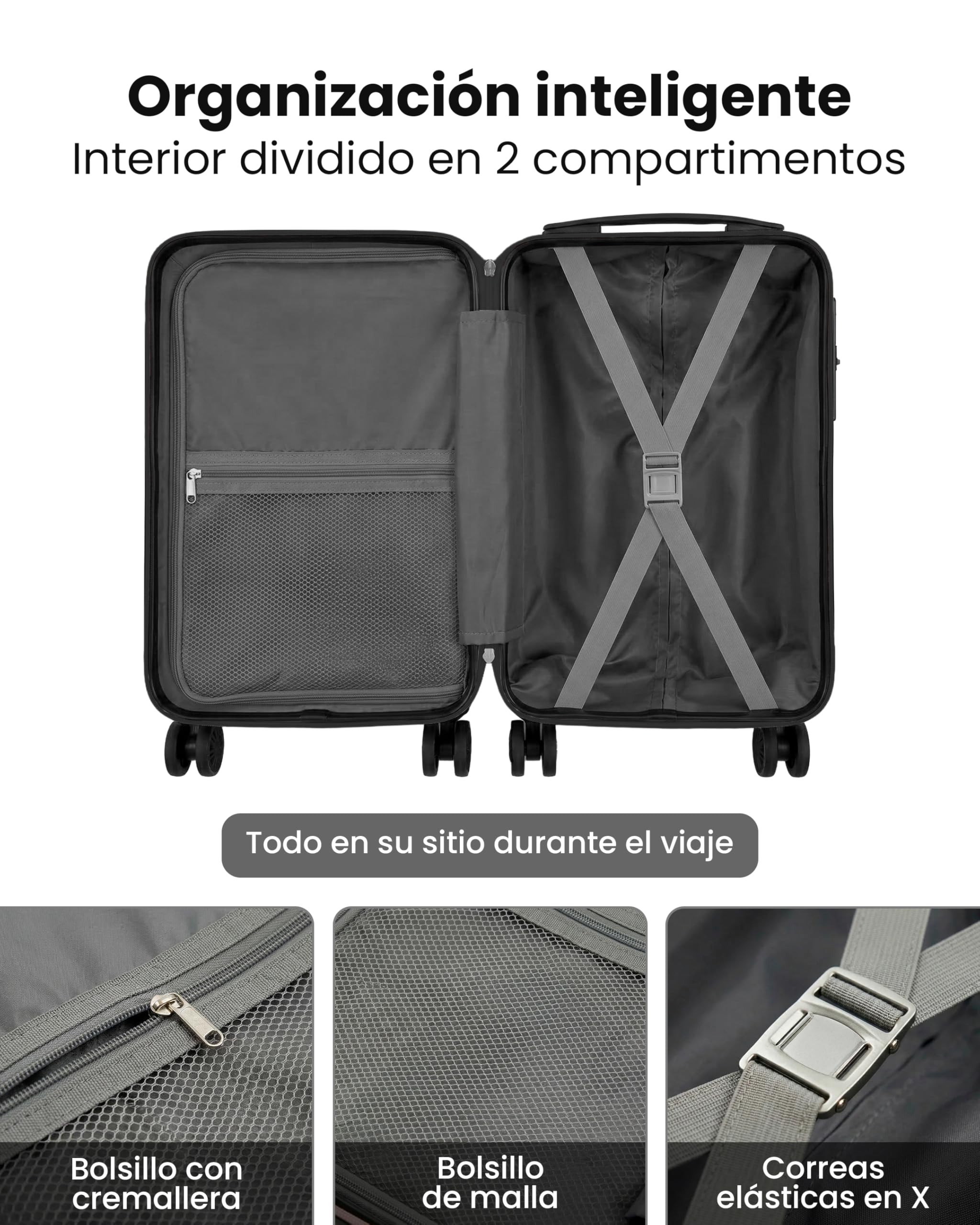 unycos - Maleta de Cabina Rígida de ABS【20L】 40×25×20 cm | Equipaje de Mano Compacto, 4 Ruedas 360° Extraíbles, Cerradura Integrada, Asa Telescópica y Compartimentos Organizadores (Azul Oscuro, Lite)