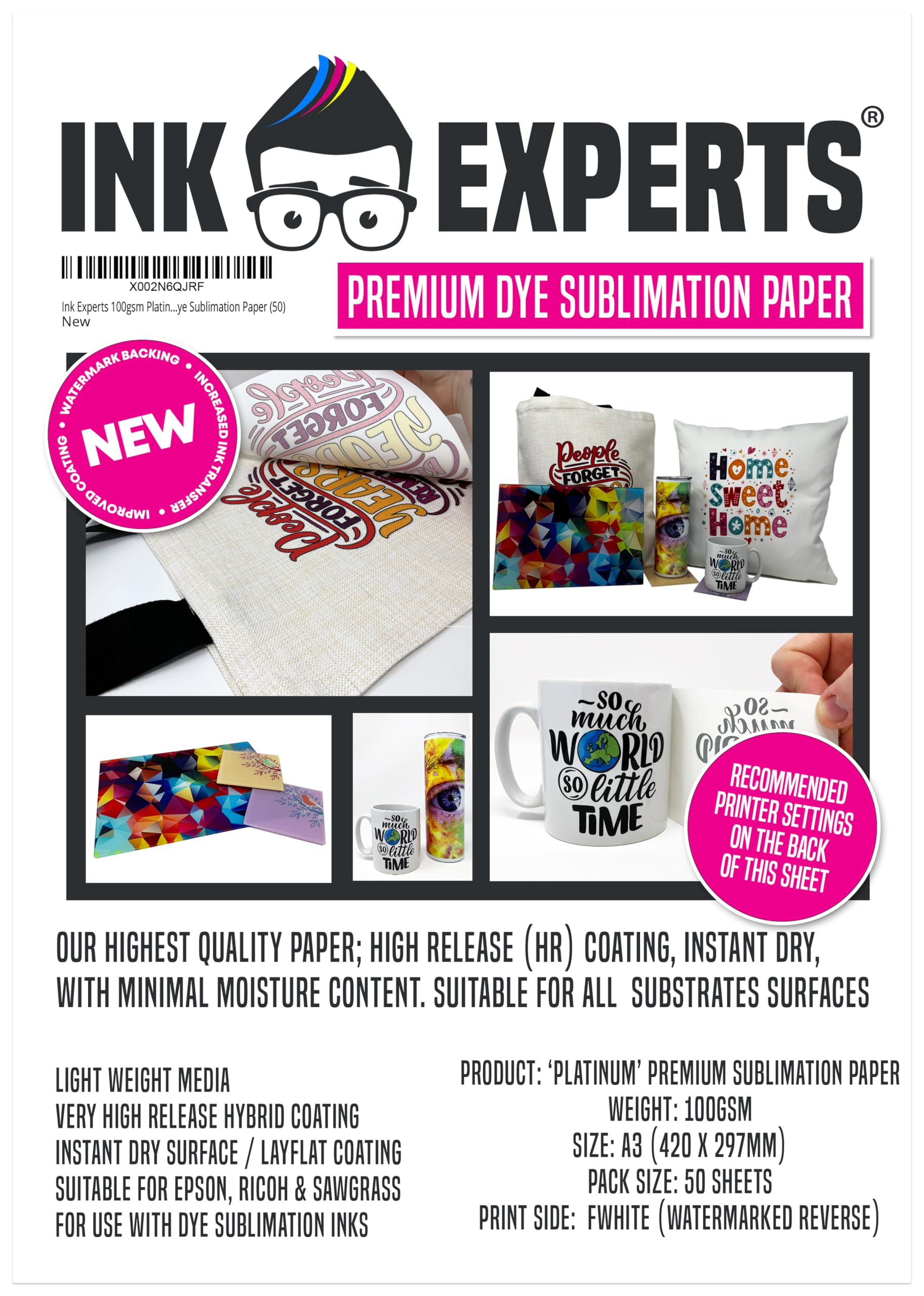 Ink Experts 100gsm Platinum A3 Premium High Release Dye Sublimation Paper (500)