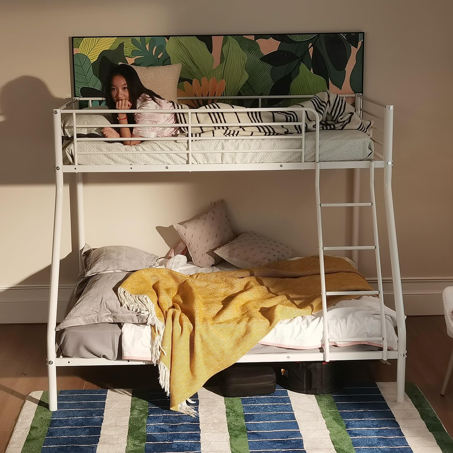 MEUBLE Cosy Litera 3 Personas Marco de Camas Infantil 90 & 140x190cm de Metal con Somier Barandilla y Escalera Estructura Tubular para Niño Dormitorio Casa, Blanco