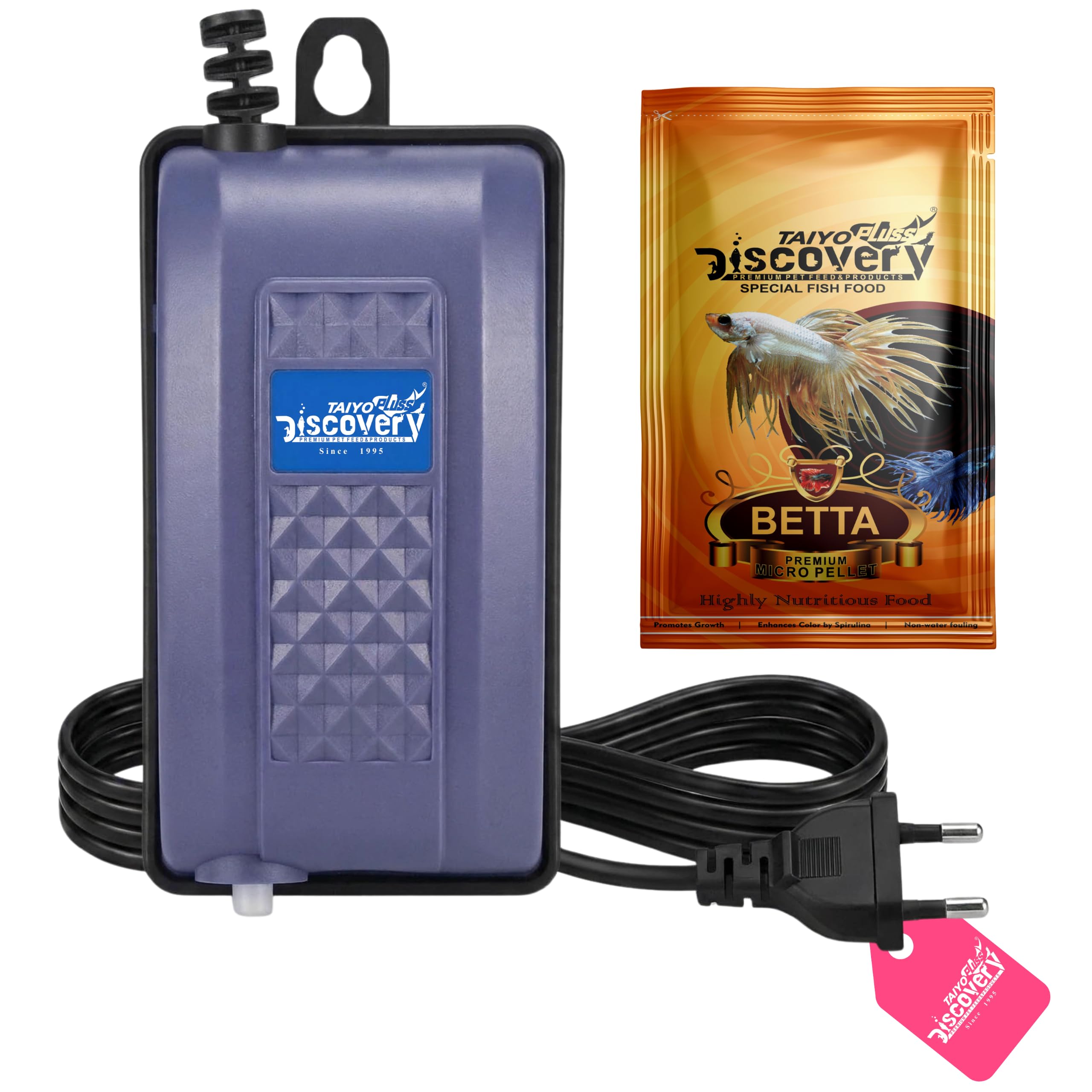 Taiyo Pluss Discovery Aquarium Air Pump - 3W + Free Pink Fish Food (20 g) | Single Way Outlet Oxygen Air Pump with Steady Air Flow & Aeration |Ideal for 1-2 Feet Betta, Planted & Freshwater Aquariums-picture-22