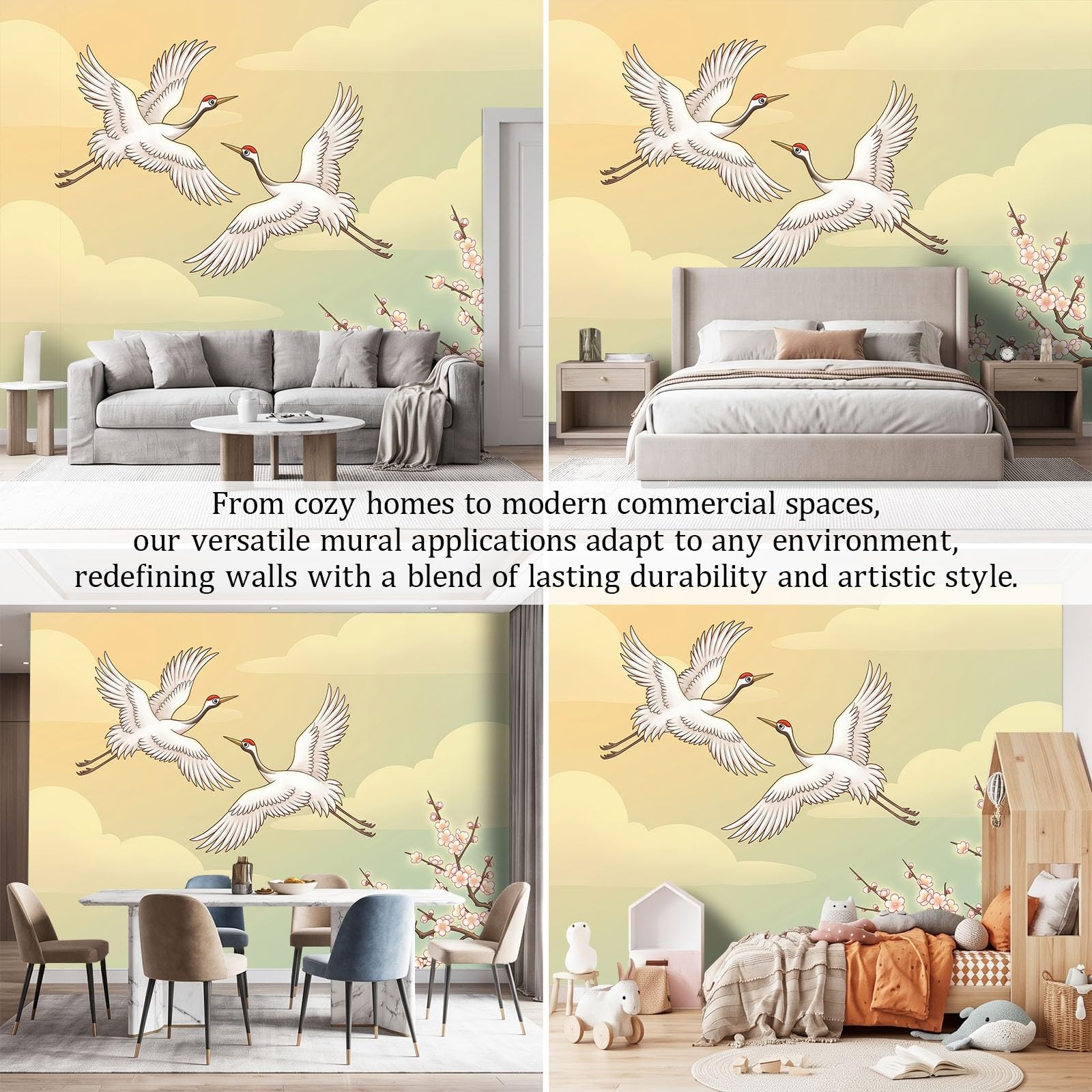Carta da parati fotografica in tessuto non tessuto, 500 x 280 cm, illustrazione acquerello orientale, carta da parati panoramica di alta qualità, per soggiorno e camera da letto, gru coronata fiore