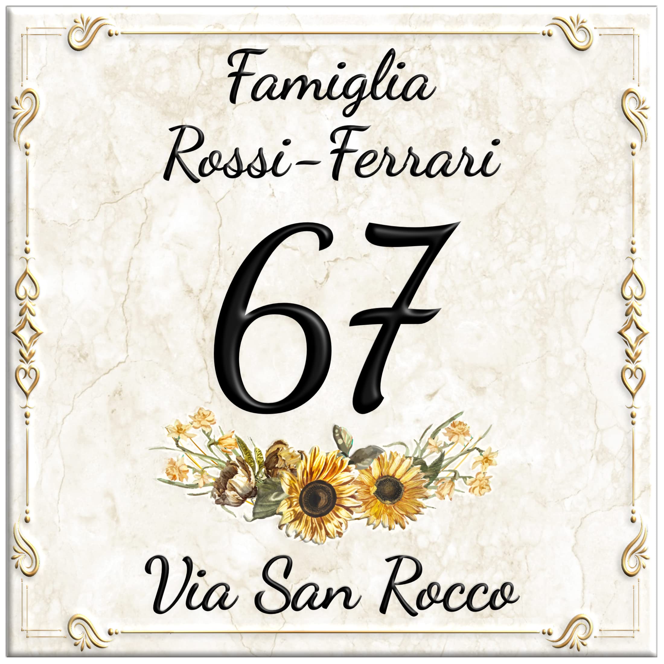 LMK DECO Numero Civico Targa Decorativa PERSONALIZZABILE,Numero Civico su Mattonella in Ceramica 15x15cm, 20x20cm con Indirizzo e Nome Famiglia Personalizzato,Numeri Civici Moderni. (S)