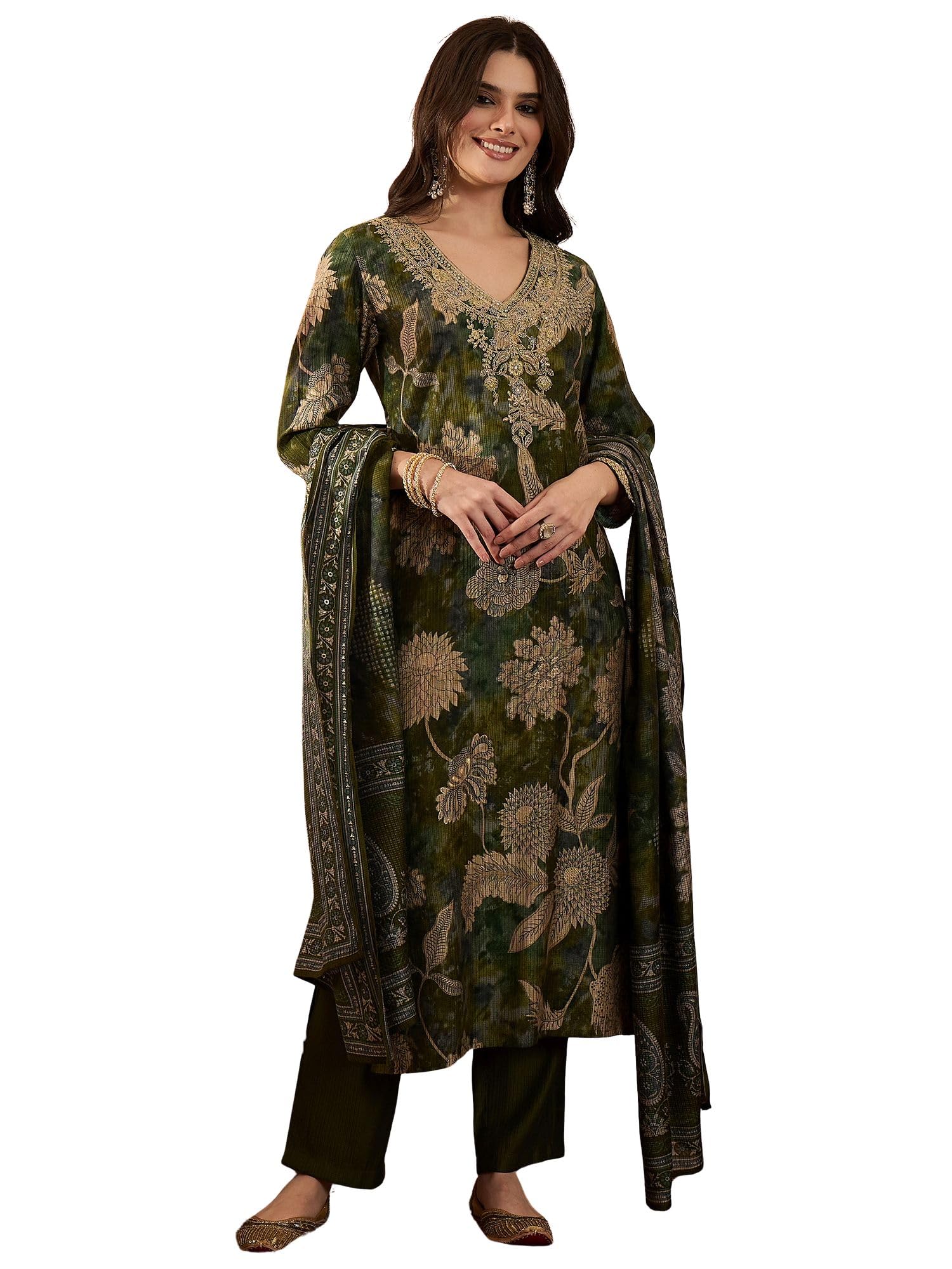 vaamsi Women's Green Polyester Printed Straight Floral Kurta Trousers With Dupatta Set | Fusion Straight Kurta Set For Women | Floral Salwar Suit For Women-picture-39