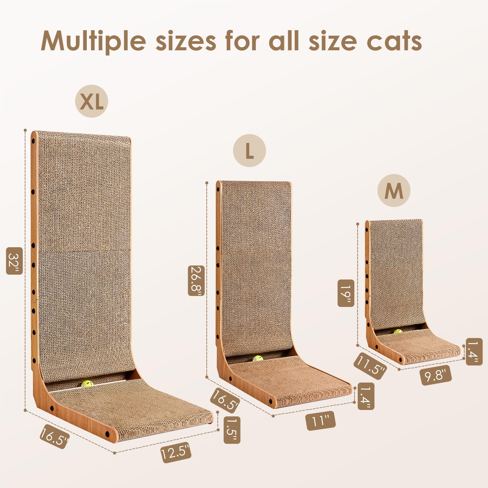 EHEYCIGA Cardboard Cat Scratcher for Indoor Cats, 26.8 Inch L Shaped Vertical Cat Scratching Board with Ball Cat Toy, Large Cat Scratcher Pad, Brown