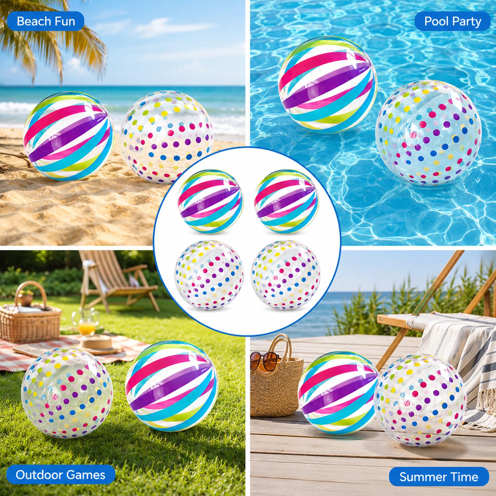 ZhouWei 4 sztuki, nadmuchiwany balon basenowy, średnica 28 cm, przenośny nadmuchiwany balon plażowy z kolorowymi paskami i kropkami, nadmuchiwana piłka plażowa dla dzieci, dorosłych, na plażę, wakacje
