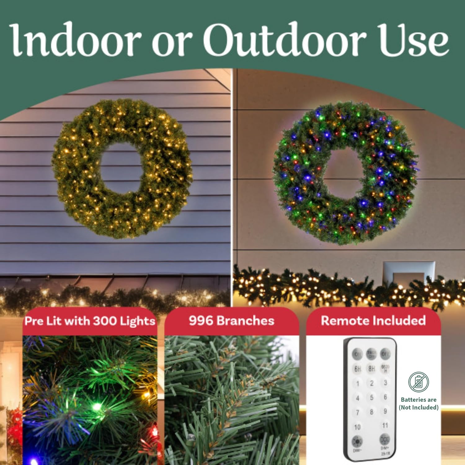 60in. Large Christmas Wreath - Artificial Spruce Wreath with 300 LED Lights and 996 Realistic Branch Tips - Indoor/Outdoor Christmas Decorations for House, Front Porch, Mantel, or Wall by Elf Stor - Image 3