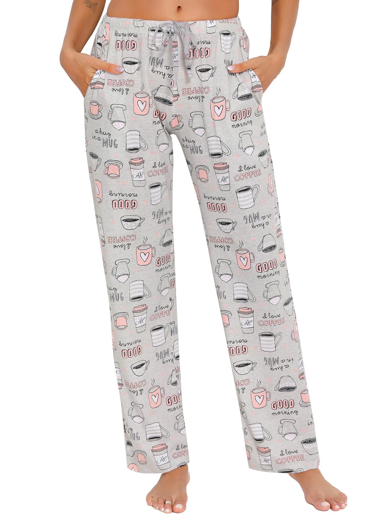 ENJOYNIGHT Pantalones de pijama cómodos de algodón para mujer, con bolsillos y cordón
