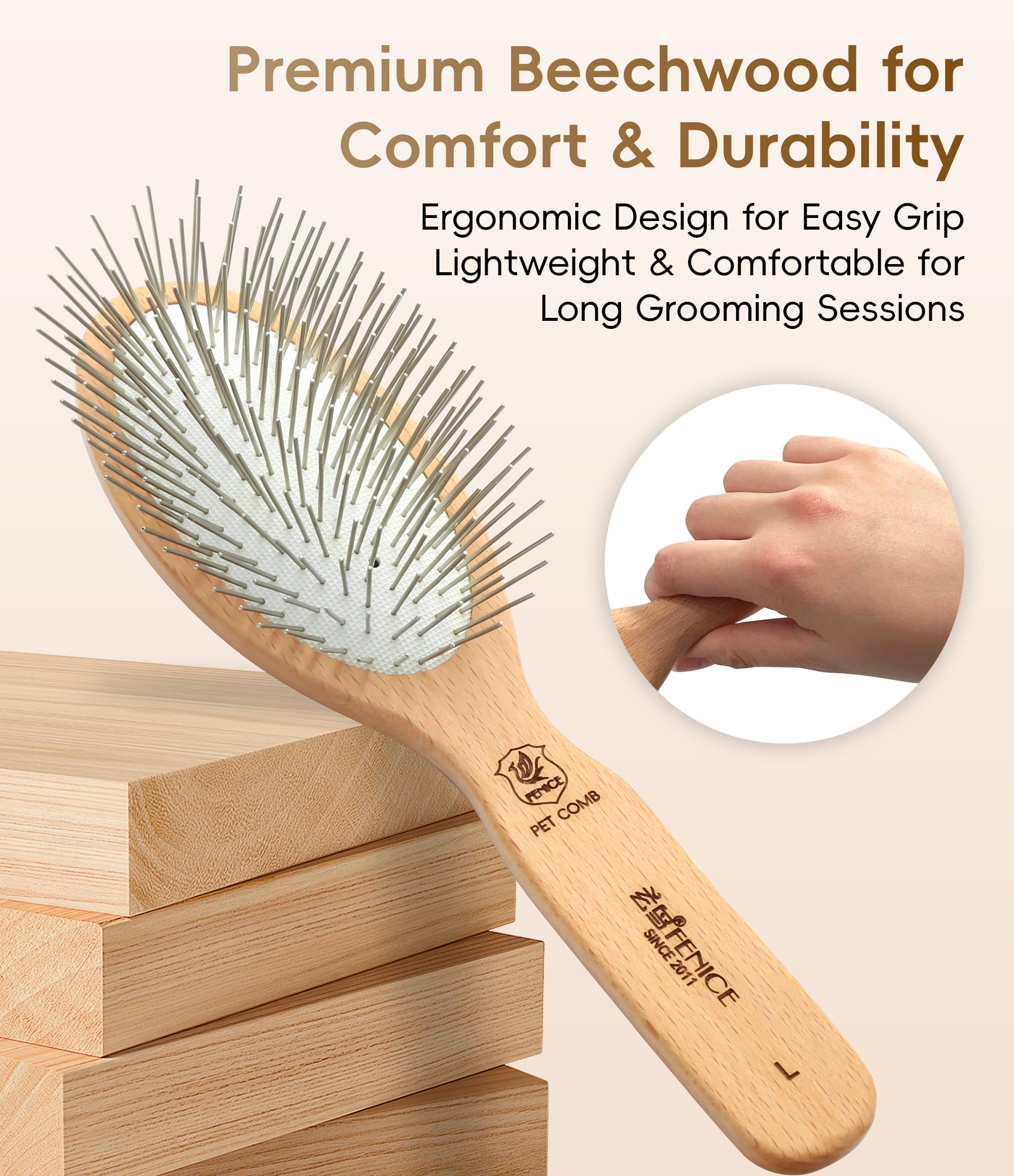 Brosse à épingler pour chiens, manche en bois de hêtre, outil de toilettage professionnel pour poils longs et épais, idéal pour Goldendoodle, caniche, labrador, schnauzer, chat et cheval