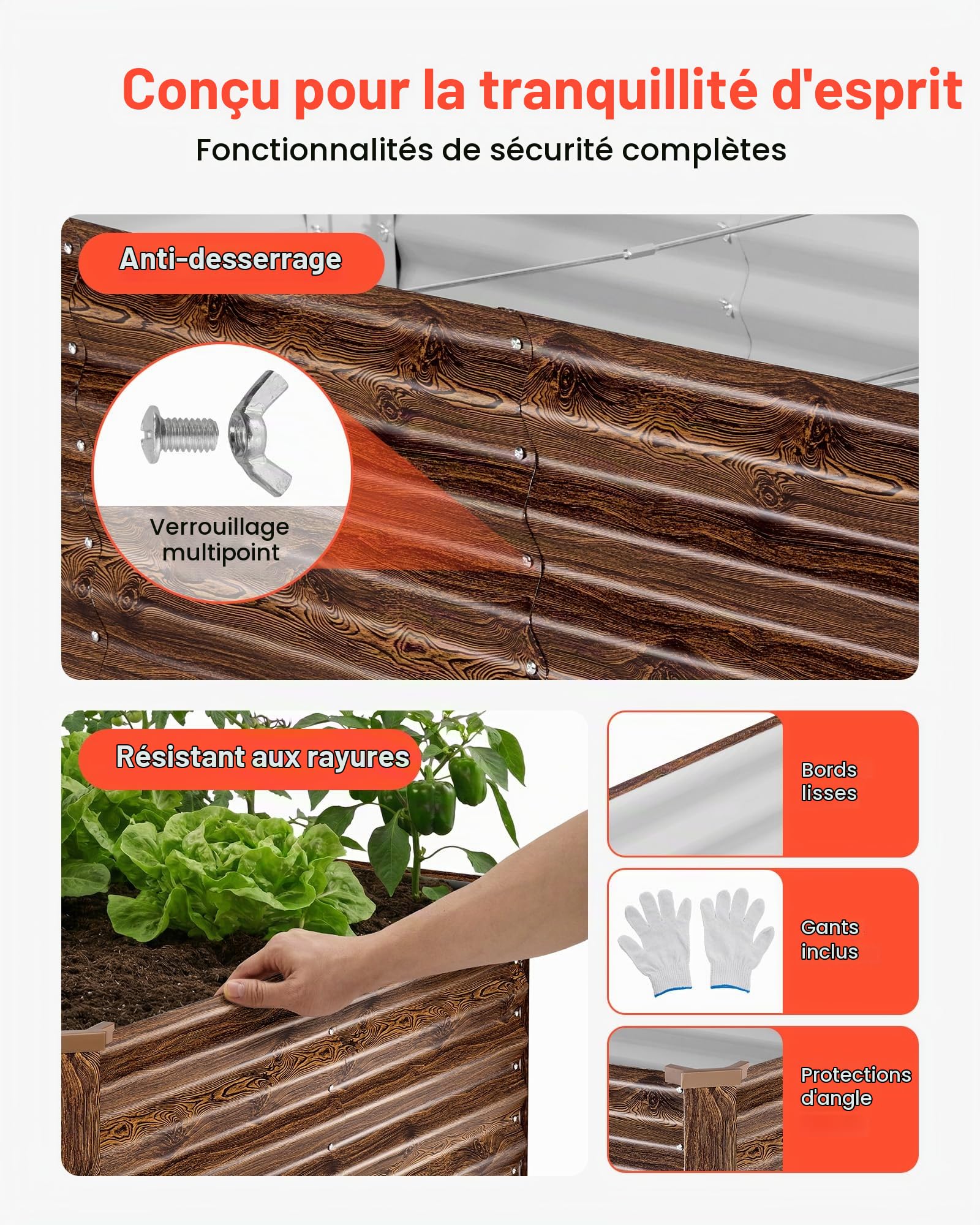 VEVOR Potager Surélevé Métal 240x120x62 cm Carré Potager Surélevé Rectangulaire Lit de Jardin pour Culture Légumes Fleurs, Fond Ouvert, Galvanisé Aluminium-Zinc, avec Gants, Aspect Grain Bois Foncé