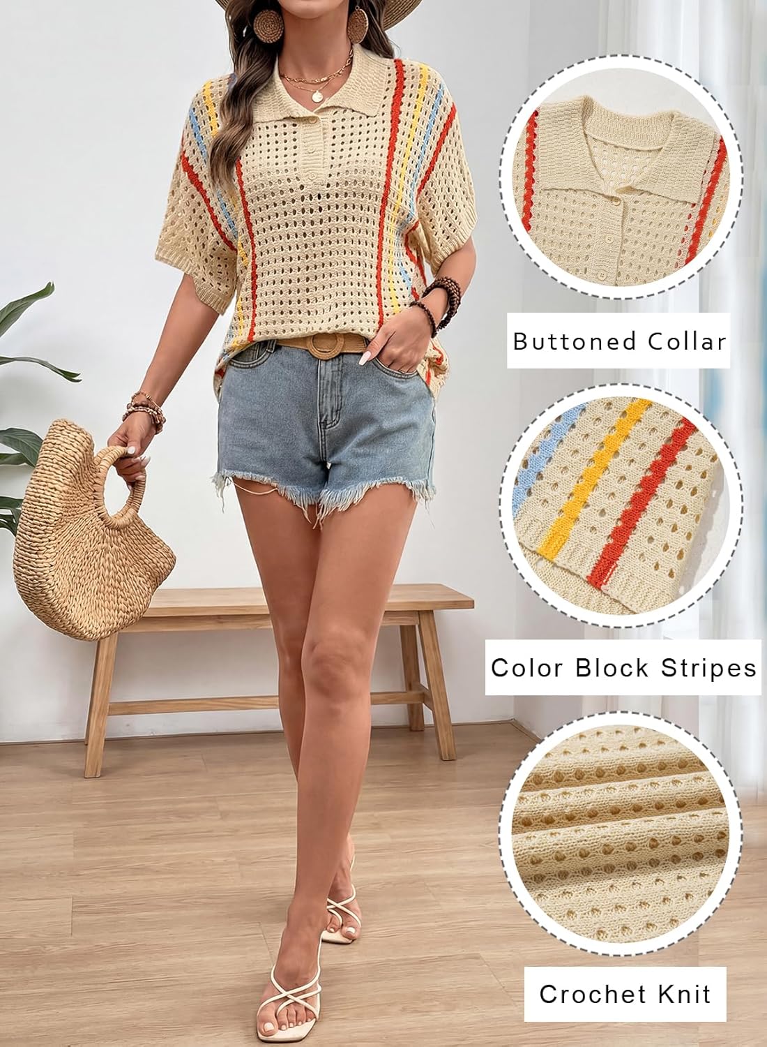 Dokotoo Summer Sweaters for Women 2026 Casual Button Up Polo Collar Short Sleeve Striped Boho Tops Crochet Knit Shirts - Image 6