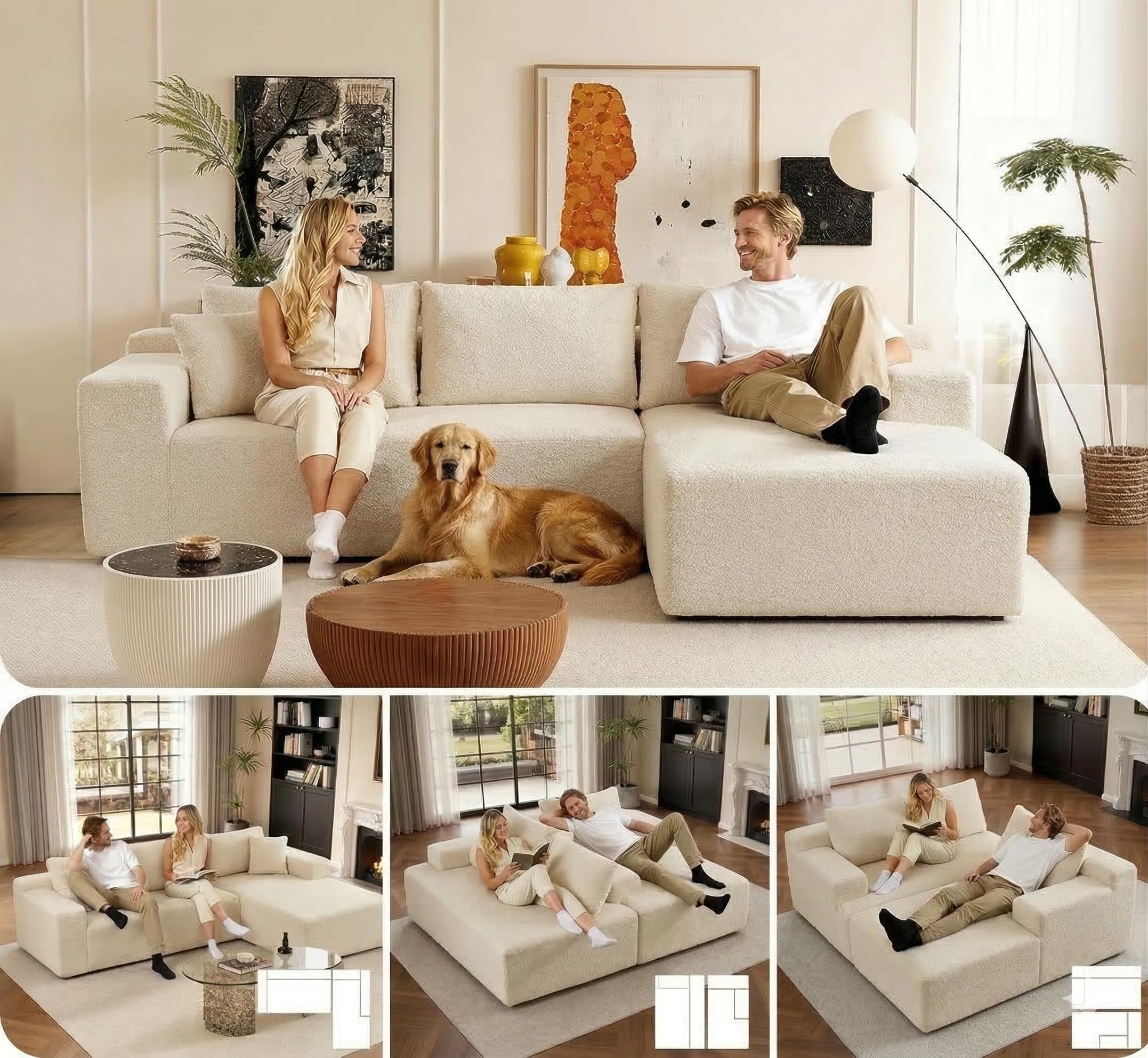 Sofá Esquinero Chaise Longue Forma L Moderno de Espuma Comprimida, con función Cama, envío Caja Sin Montaje (Borrego Beige, Chaise Longue Izquierda)