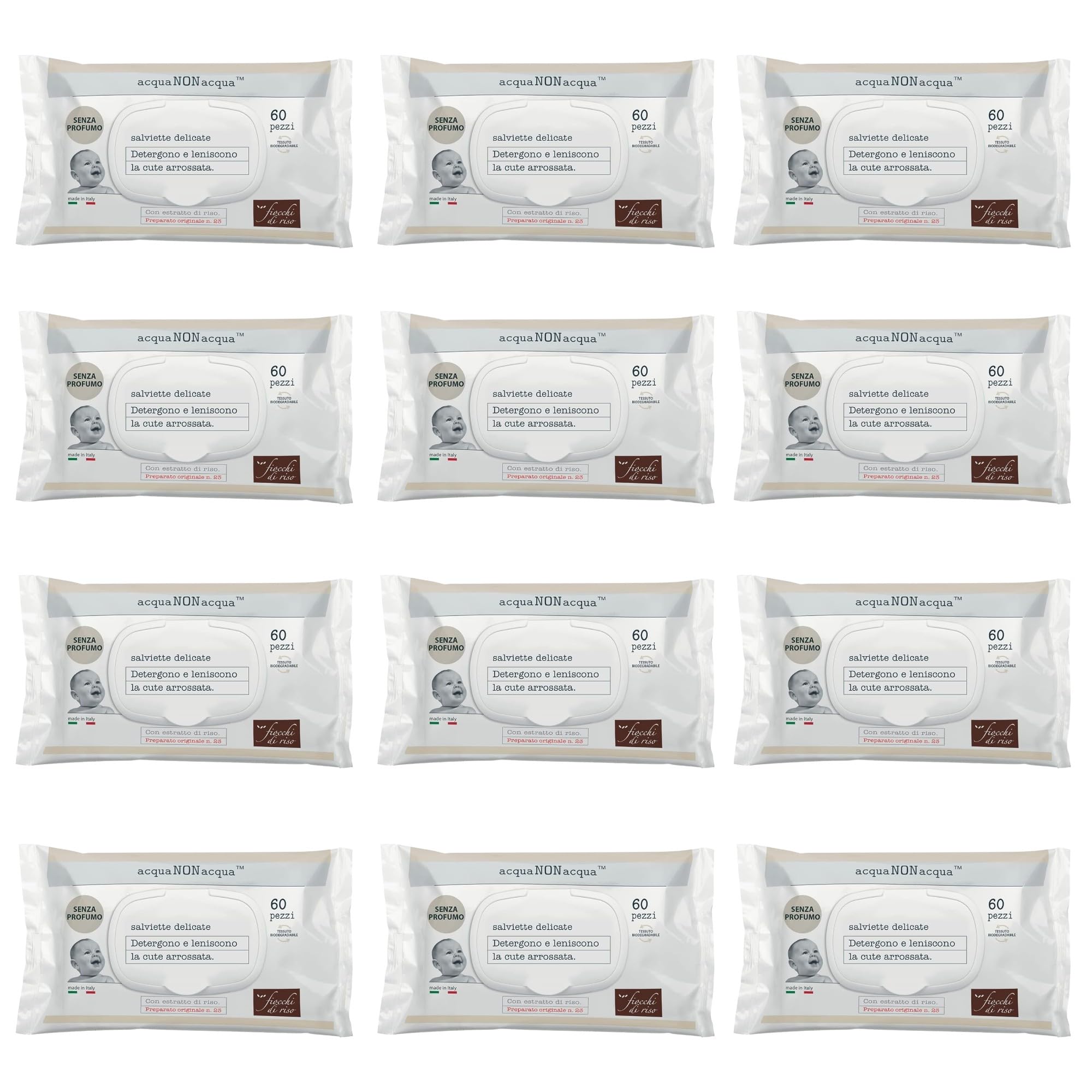 Fiocchi di Riso - SALVIETTE Acqua NON Acqua - senza profumo - 12x60 pz con placchetta - CAMBIO PANNOLINO - Detergono e leniscono la cute arrossata del neonato.720 Unità