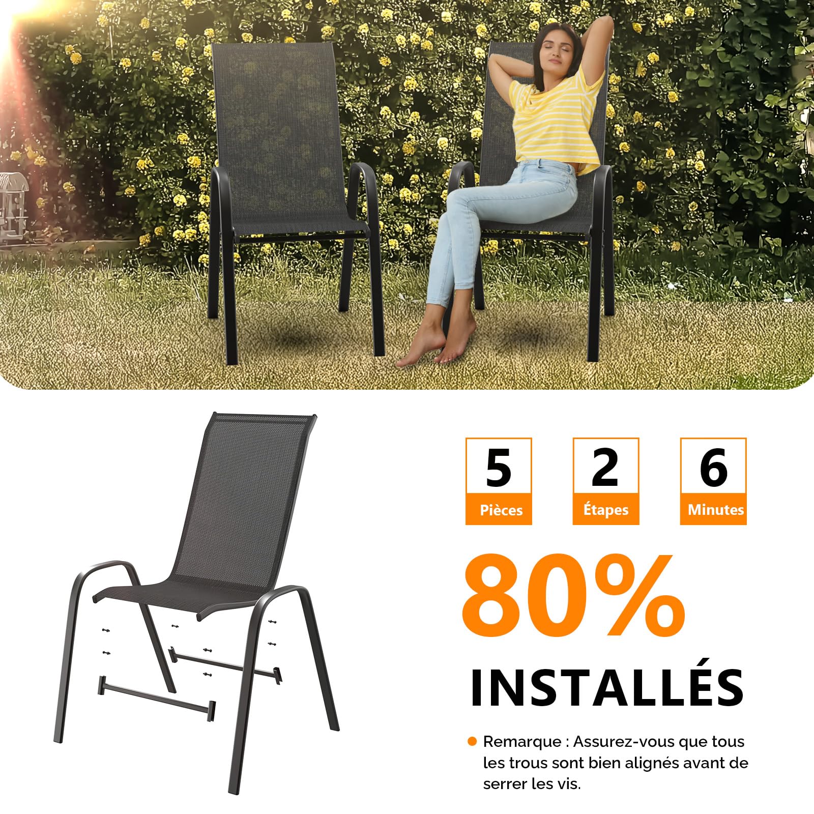 Bonnlo Lot de 6 Chaises de Jardin Exterieur - Chaise Empilable, Idéales pour Jardins, Cours, Balcons, Restaurants, Facile à Installer, Confortable et Design (Noir, Lot de 6)