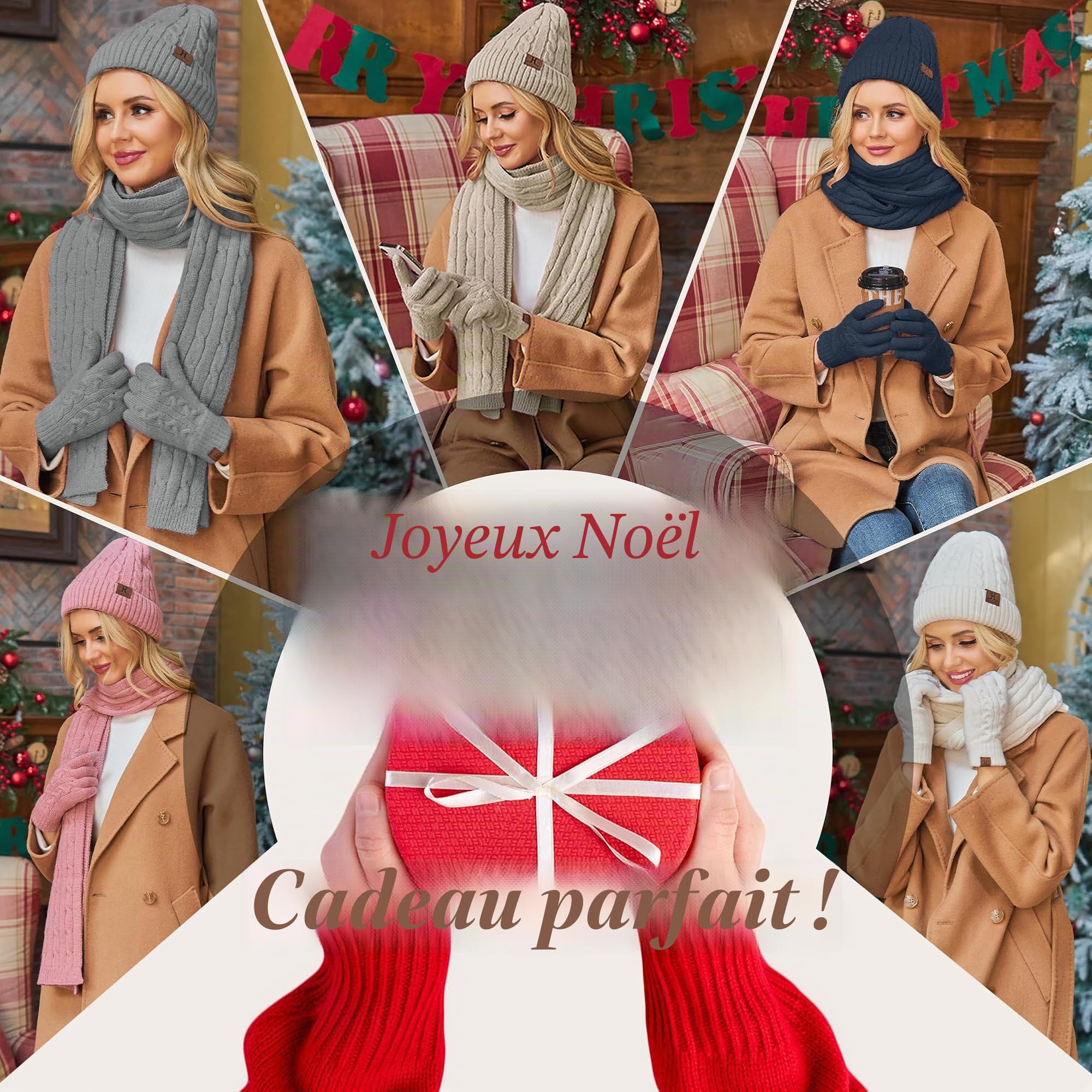Femme Hiver Bonnet Chapeau Écharpe Écran Tactile Gants Ensemble Chaud Tricot Polaire Doublé Casquette Foulard Gant Cadeaux de Noël Anniversaire pour Femmes