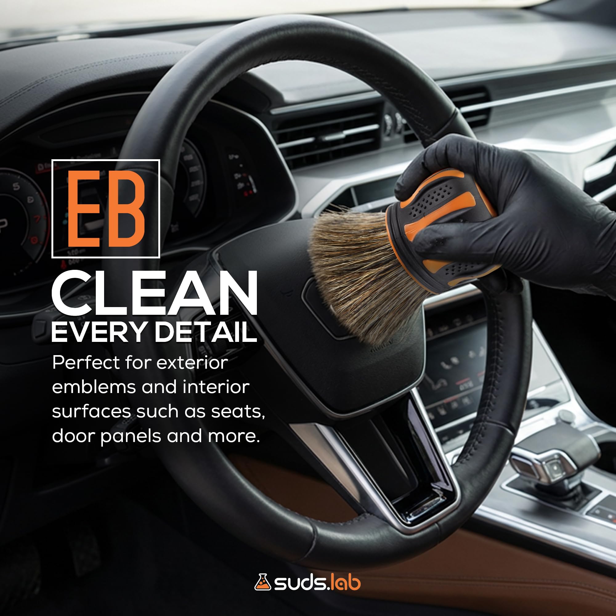 Suds Lab Elite - Cepillo de pelo de jabalí para detalles de coche, limpieza profunda con soporte, sin metal, herramienta de detalles de alta absorción para interiores y exteriores sin arañazos