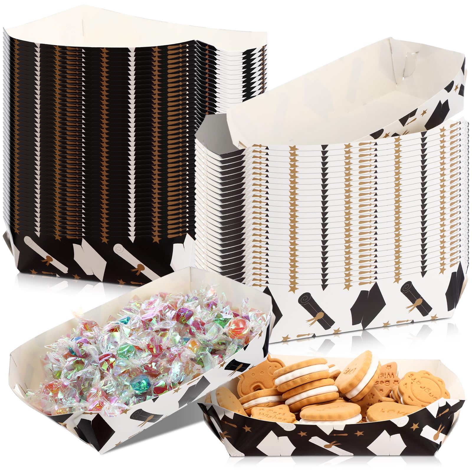 AmazingSpark 100 Pack Graduation Party Food Trays Disposable Graduation Party Favors Boxes Congrats Grad Paper Snack Boats Serving Tray Supplies for