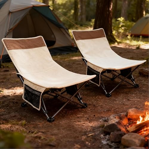 Miniatura 4 de Paquete de 2 sillas compactas de campamento con respaldo ajustable y bolsillo lateral, sillas plegables bajas para adultos, sillas reclinables