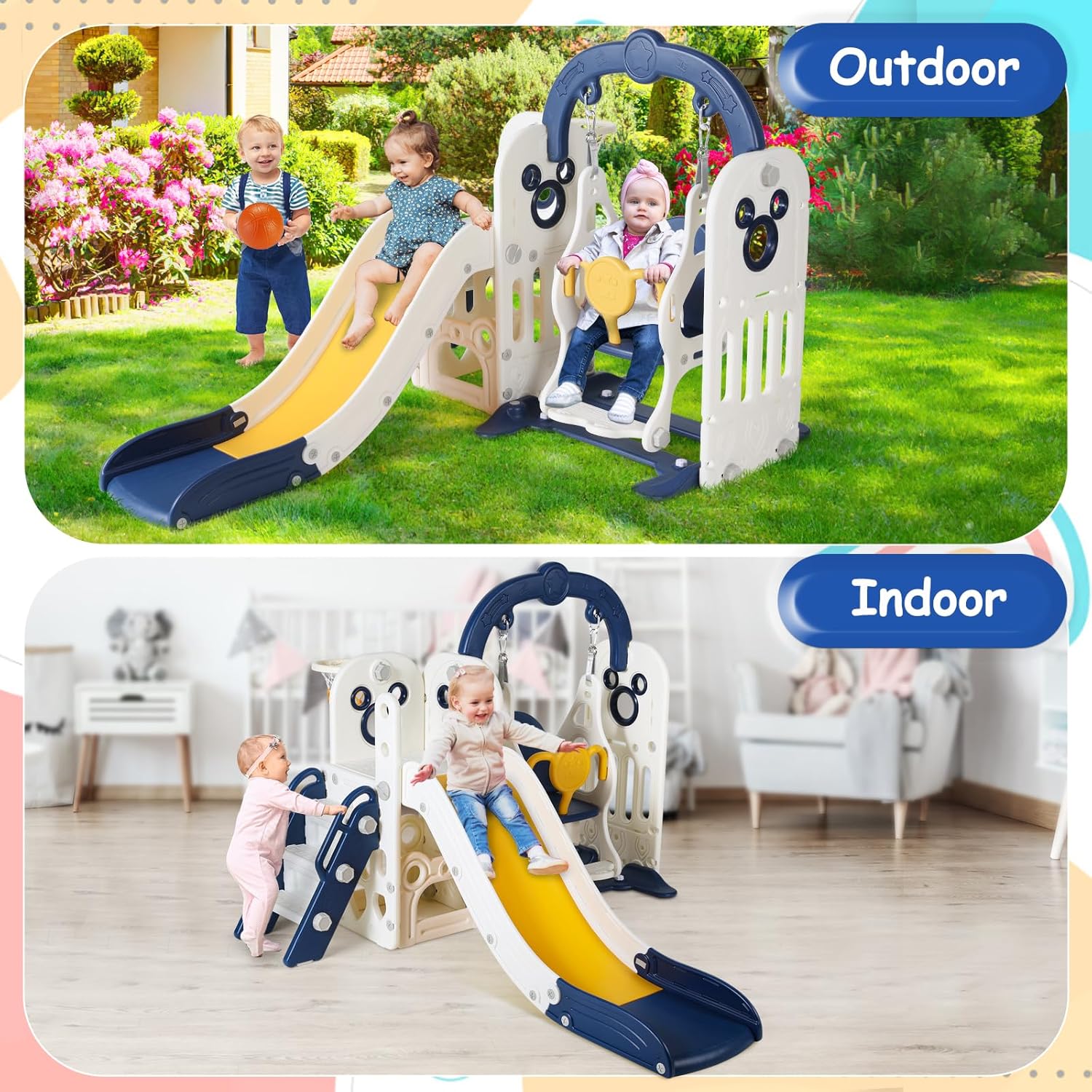 MAMIZO 7 in 1 Toddler Slide and Swing Set, Freestanding Kids Large Climber Playset with Basketball Hoop,Storage Space, Baby Indoor Outdoor Playground for Boys&Girls (Dark Blue)