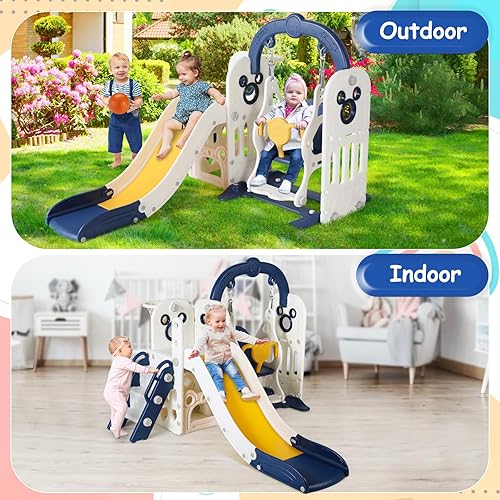 Miniatura 7 de MAMIZO Juego de tobogán y columpio 7 en 1 para niños pequeños, juego independiente de escalador de tobogán para niños con aro de baloncesto, patio