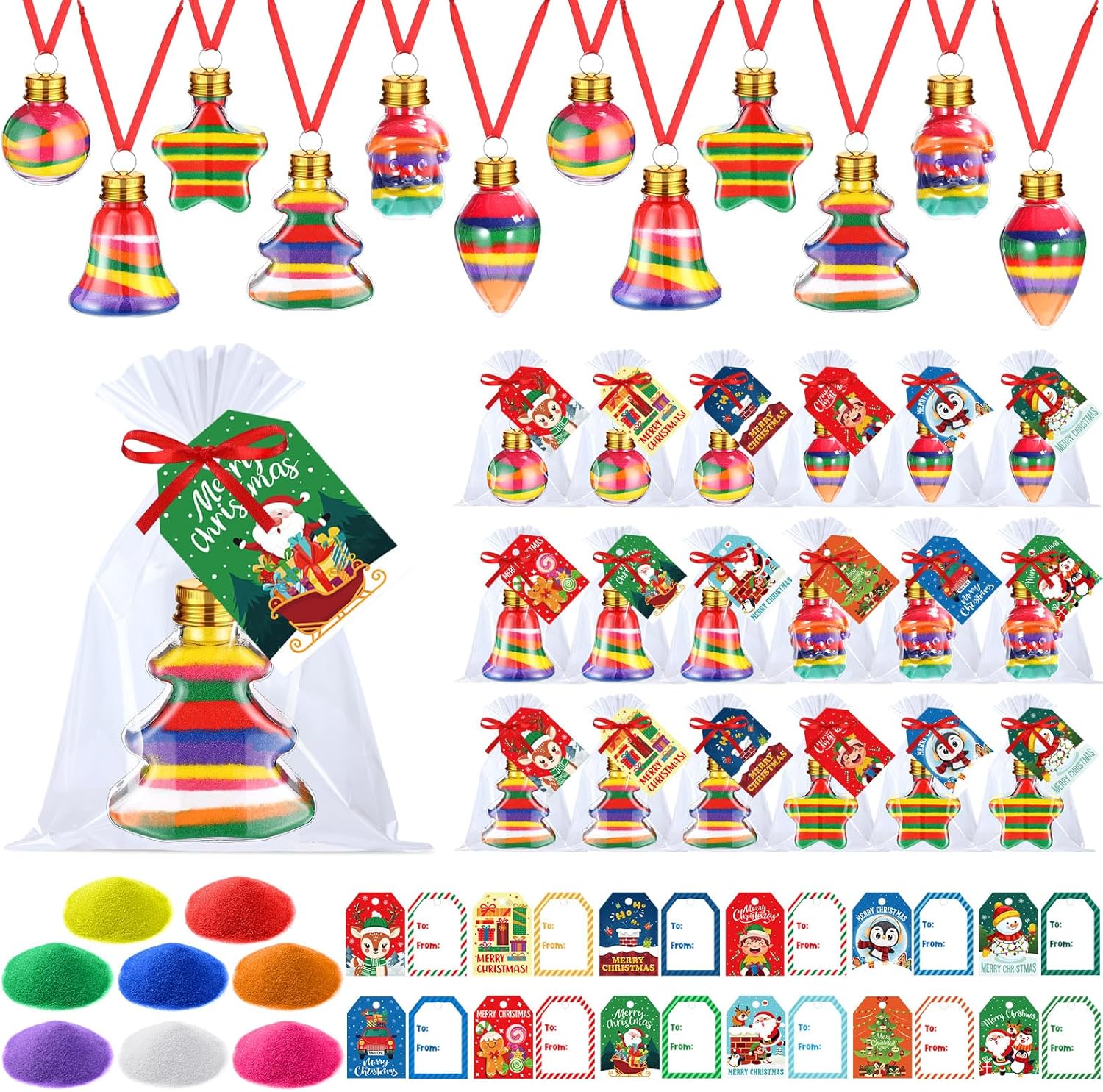 24 Pack Christmas Sand Crafts Sand Art Hanging Ornaments for Christmas Tree Xmas Shaped Bottles DIY Craft Bulk Create Your Own Xmas Winter Home Classroom Party Decoration Supplies