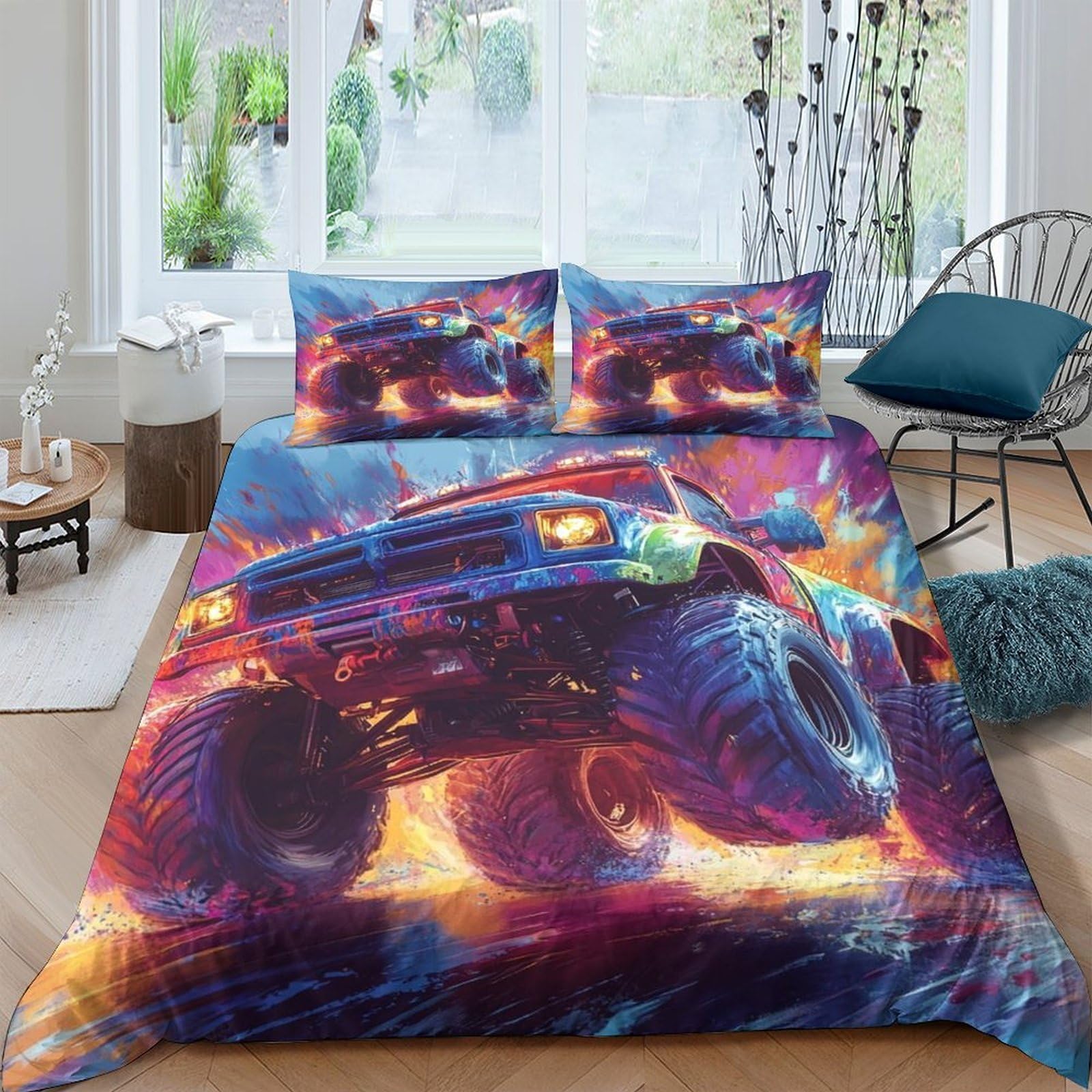 Ctjqhvkz Style-5 3D Printed Monster Truck Fitted Sheet Microfiber Soft Durable Fire Night Bed Cover For Bedroom Dorm Mattress Protection Decor Single（135X200cm）