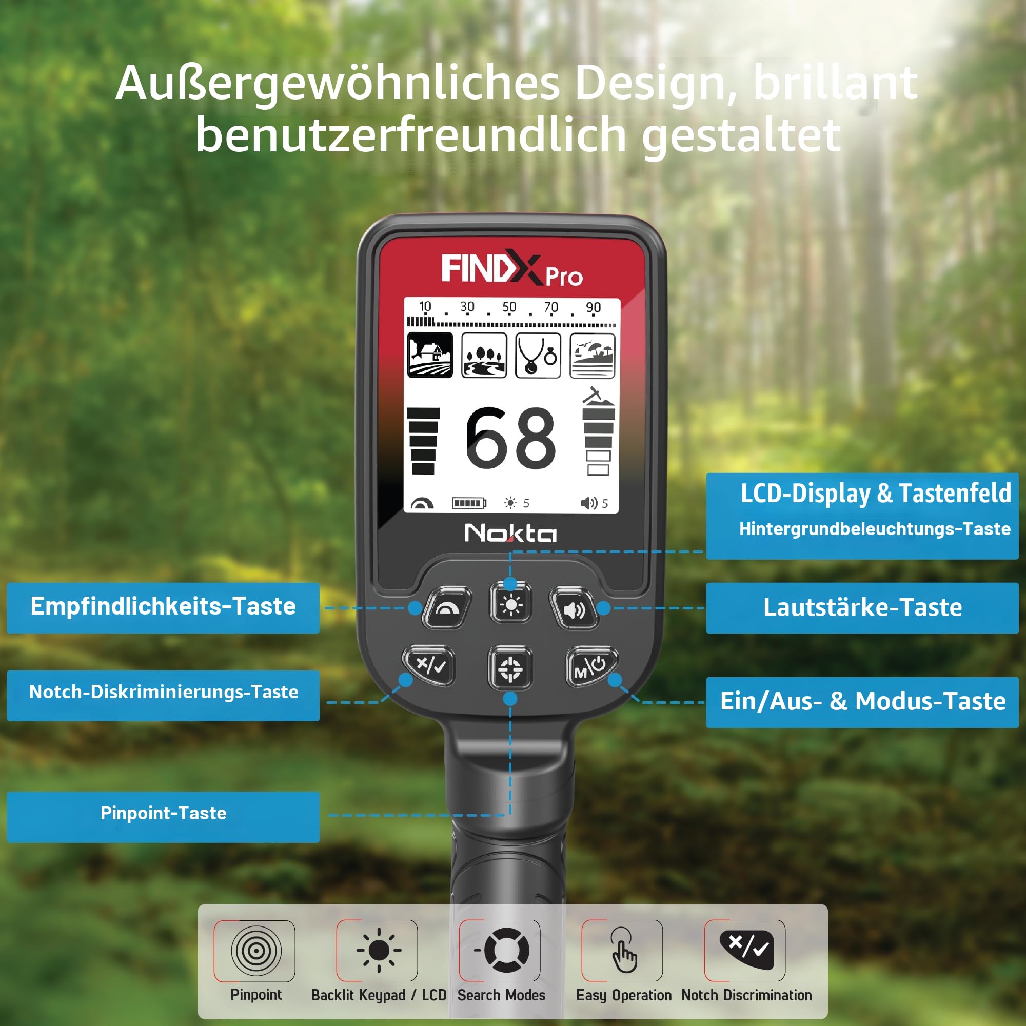 Nokta FINDX PRO Metalldetektor Profi, Vollständig wasserdichte Metalldetektor mit 28cm Suchspule, Metalldetektoren für Gold, Pinpoint, USB wiederaufladbar, 4 Modi (Kopfhörern, Grabungswerkzeug)