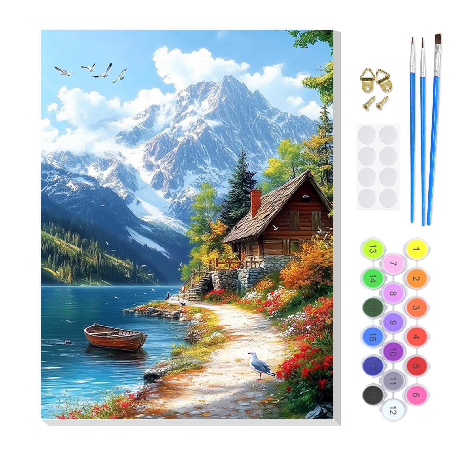 KEYIFA Paint by Numbers for Adults on Framed Canvas,Snow Mountain Cabin Painting by Number Canvas Kits with Acrylic Paint Brushes, DIY Craft Oil Painting Art Kits for Adults, Home Wall Decor 20x30cm