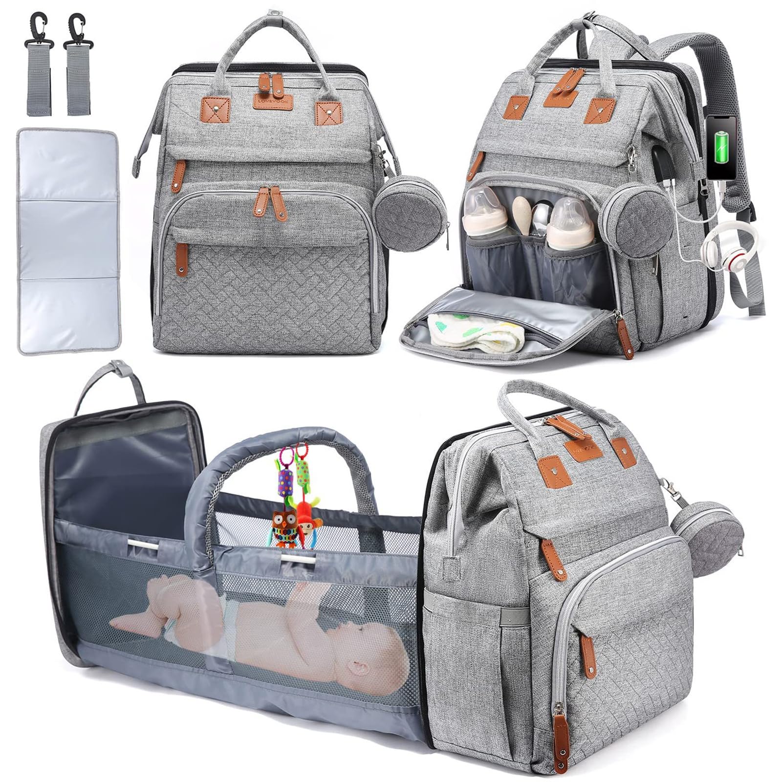 Chickwin Zaino Cambio Neonato con Fasciatoio, Zaino Neonato Multifunzione Mamma Zaino per Neonati per Viaggio Borsa Fasciatoio Portatile Grande per Mamma e Papà (27 pollici,Grigio)