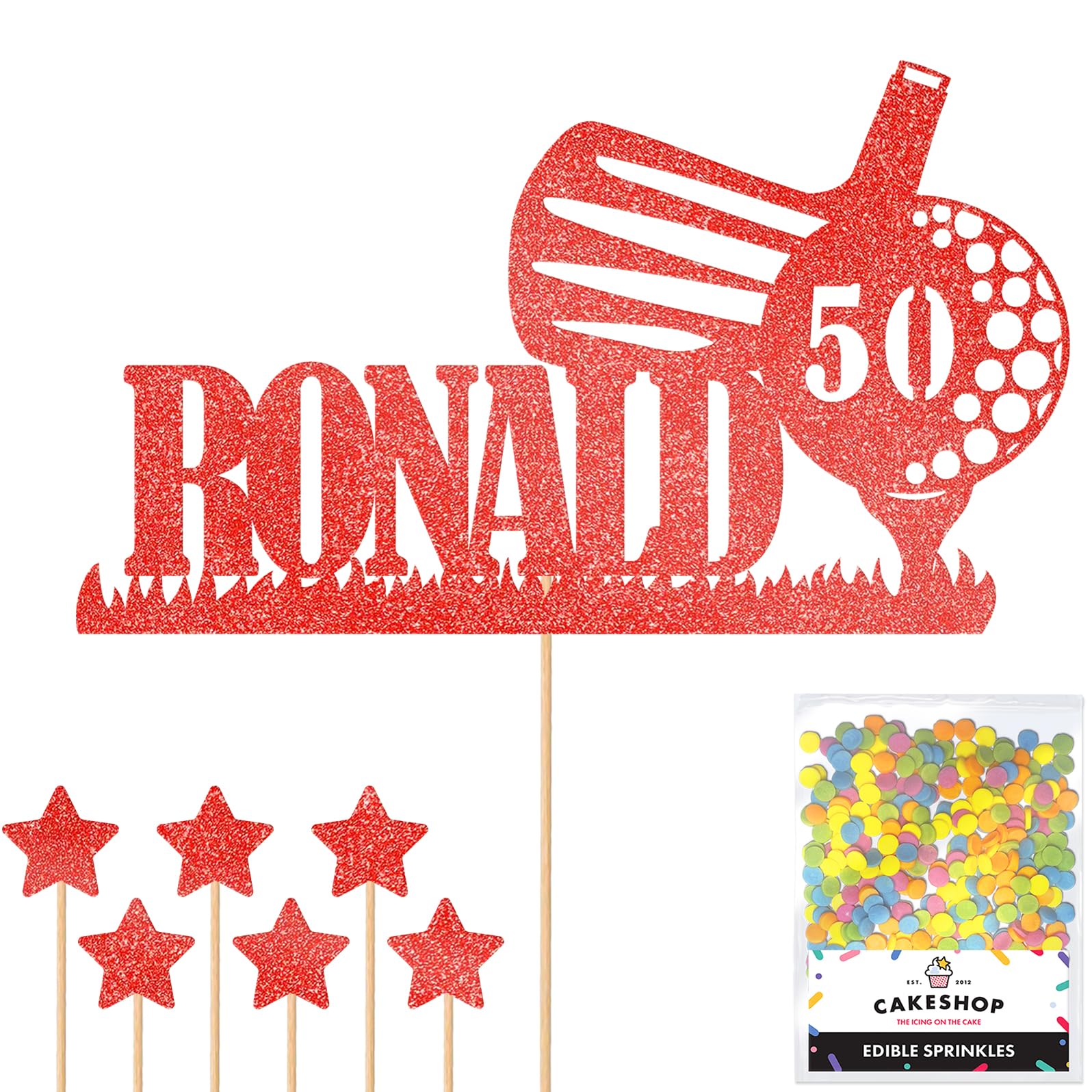 Personalised Golf Golfer Glitter Cake Topper - Red Custom Age & Name Glitter Cake Decoration and Sprinkles - Happy Birthday Decorations - Personalised Toppers for Cakes by Cakeshop