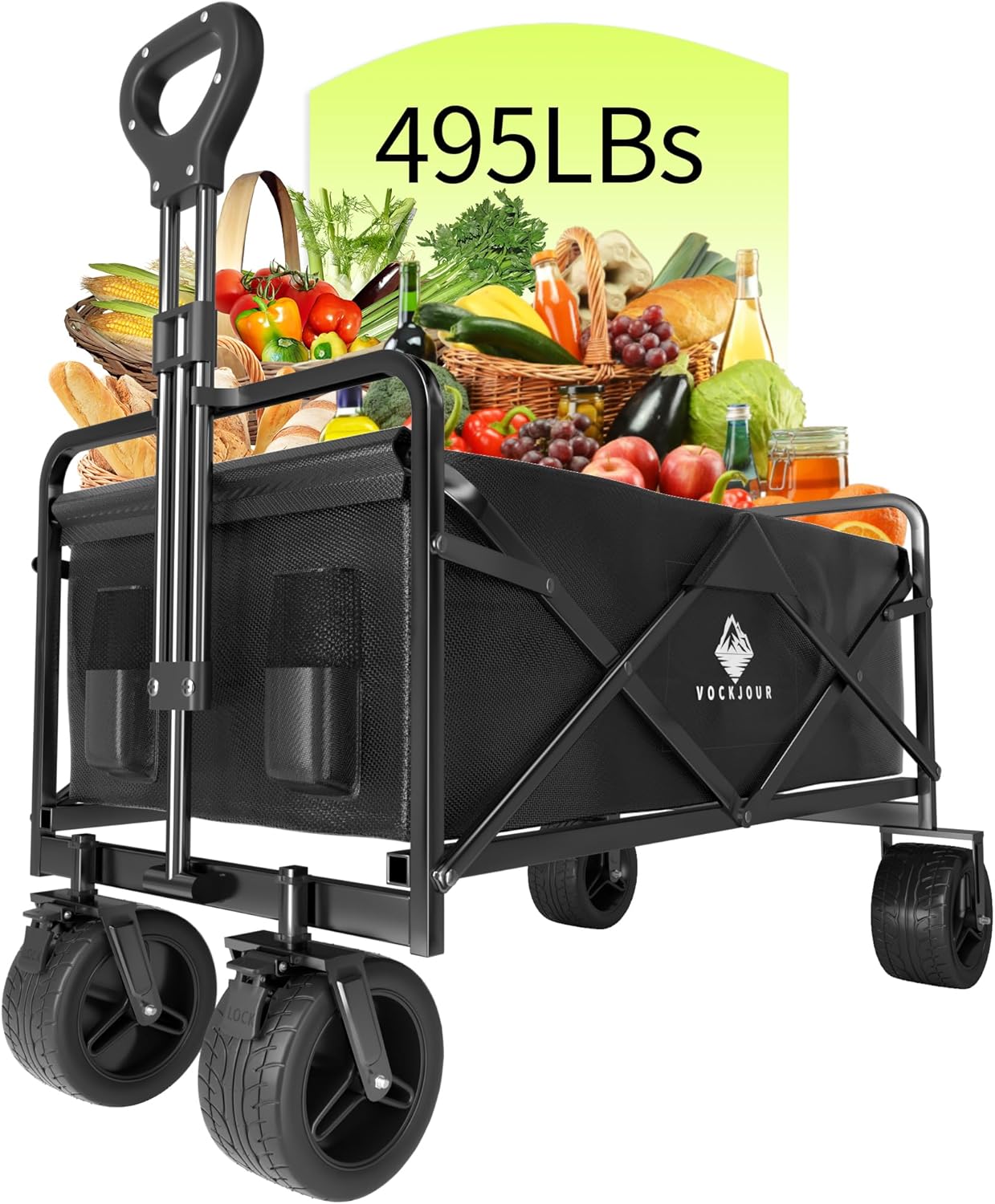 Collapsible Folding Beach Cart with Big Wheels for Sand, Heavy Duty All Terrain Wagon Cart with Drink Holders and Brakes, Garden Cart Portable Foldable for Sports, Shopping, Camping, Black