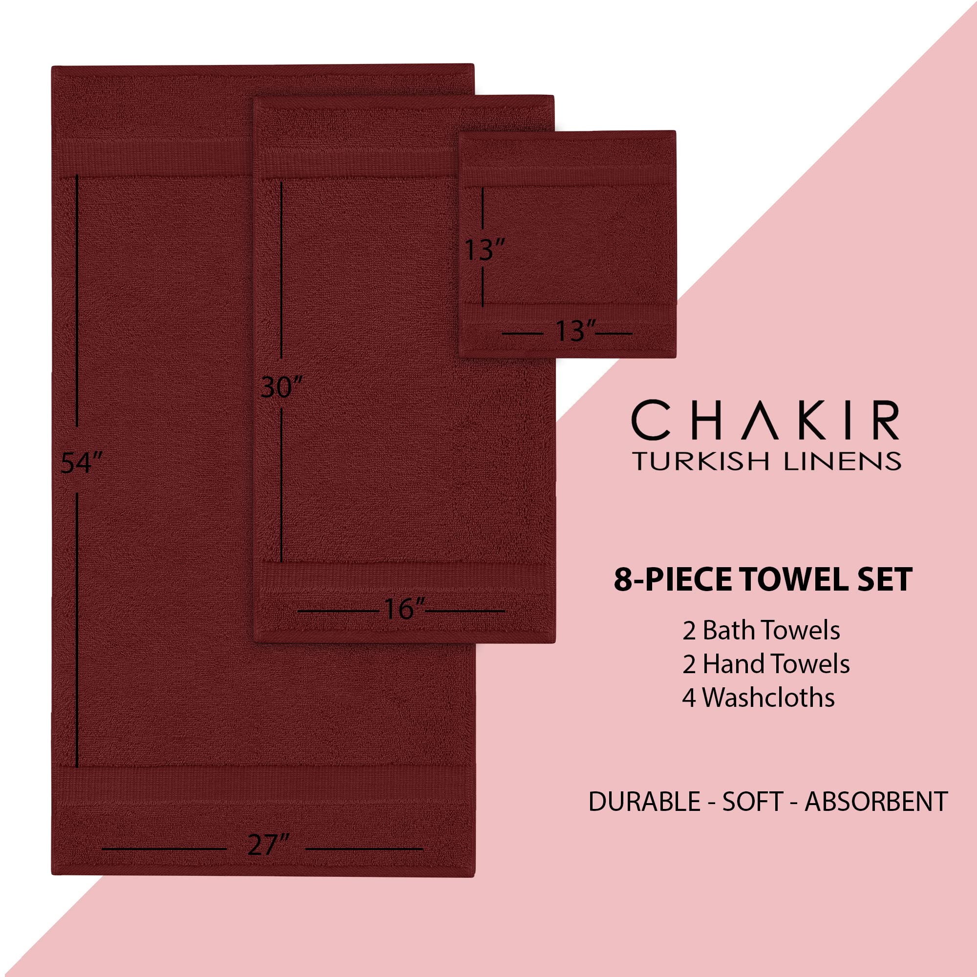 Chakir Turkish Linens Serviettes turques 100 % coton de qualité hôtelière et spa, douces et absorbantes (lot de 8 serviettes, canneberge)
