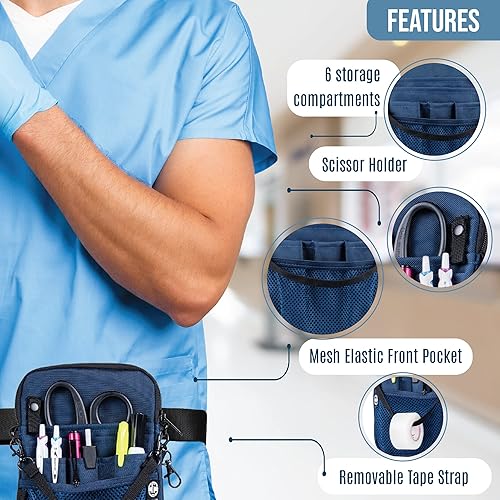 Miniatura 3 de First Lifesaver Riñonera de Enfermera Convertible 4 en 1 con Múltiples Compartimentos y Portacinta para Enfermeras, Estudiantes de Enfermería, Azul