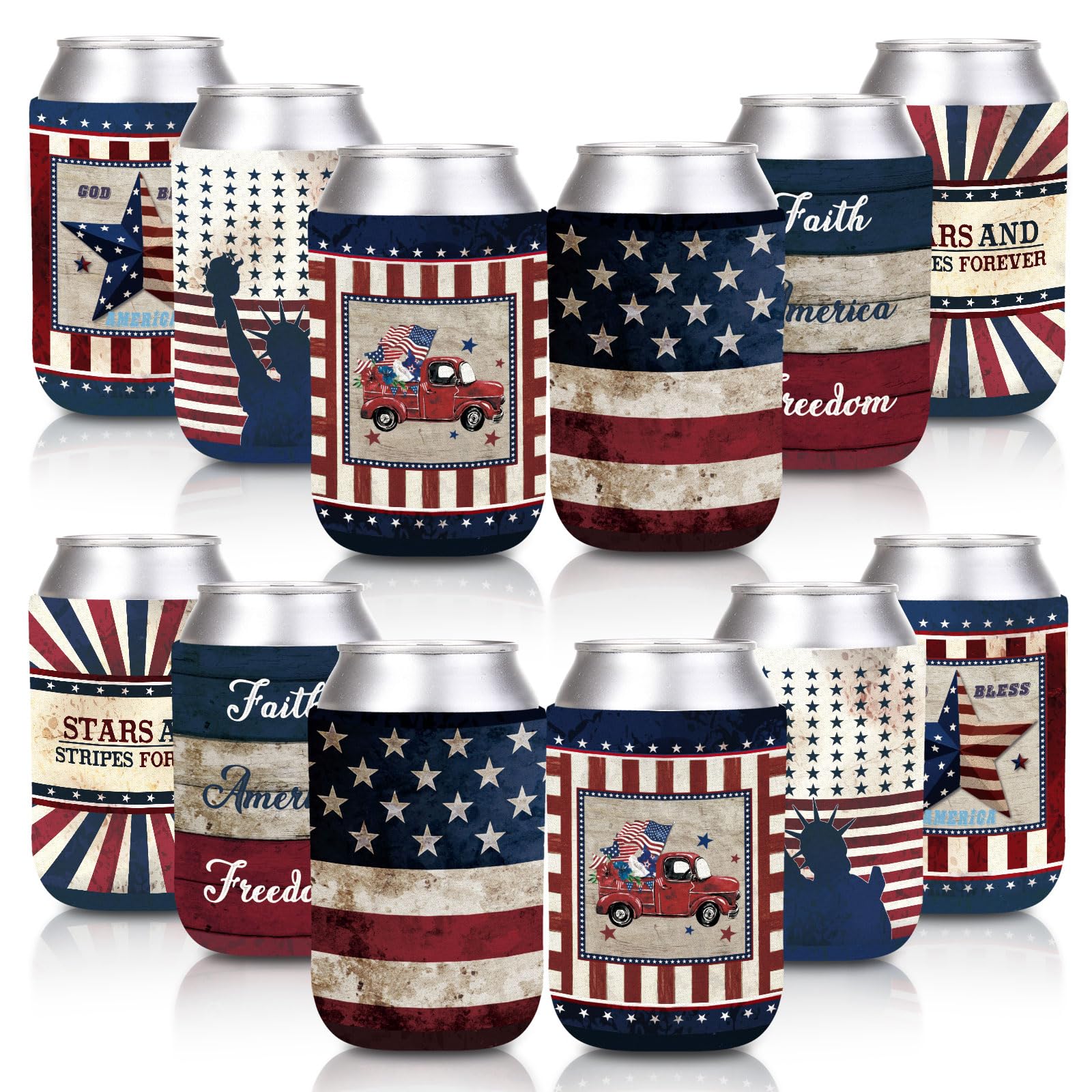 Whaline 12Pcs Patriotic Can Sleeves 4th of July Can Covers Insulators Retro USA Flag Stars Stripes Print Neoprene Thermocoolers for Beverages Bottle