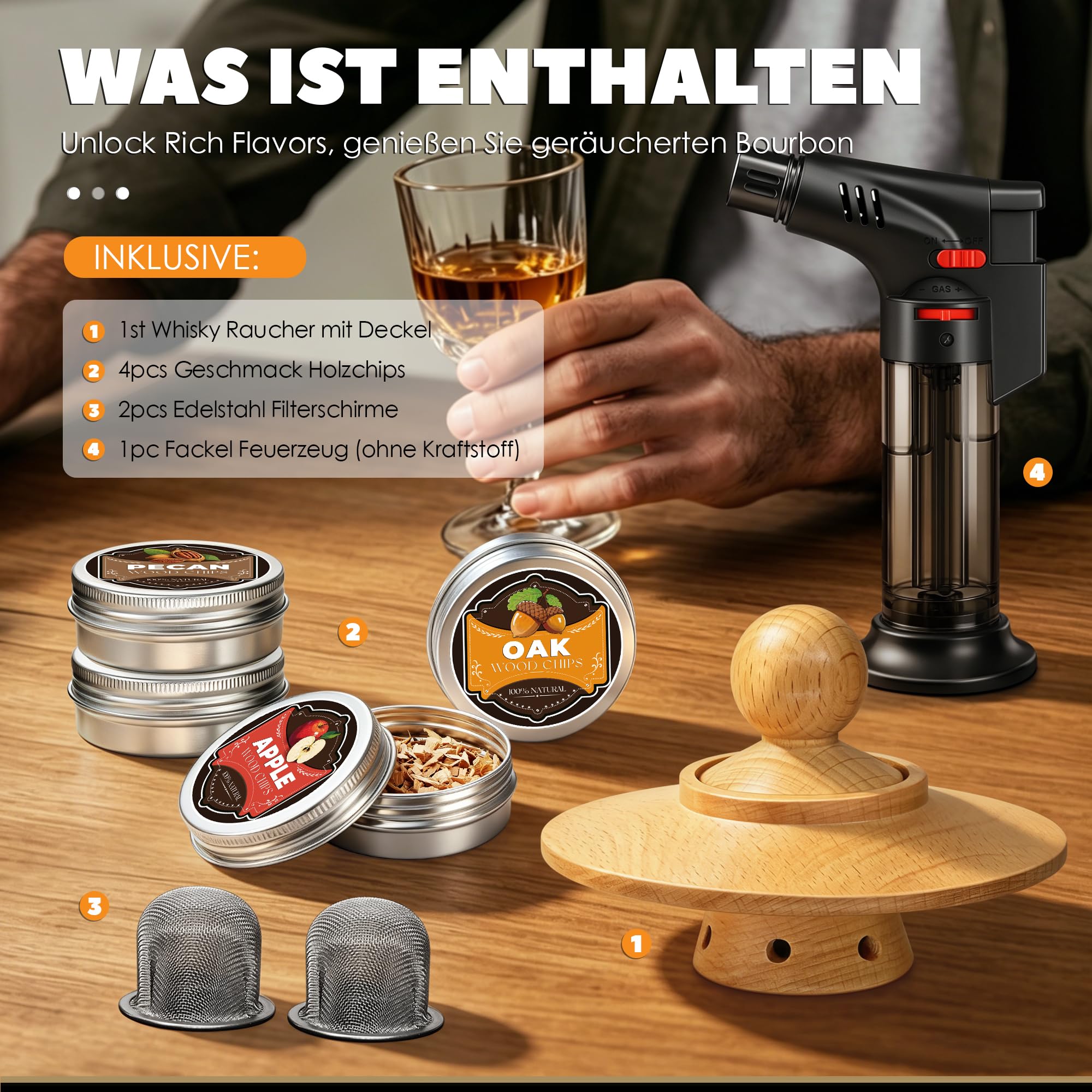 Whisky Räucher Set komplett mit Brenner und Holz-4 Geschmacksrichtungen, Cocktail Räucher Set mit Flambierbrenner, Whisky Geschenk für Männer (Feuergerät ohne Gasbutan)