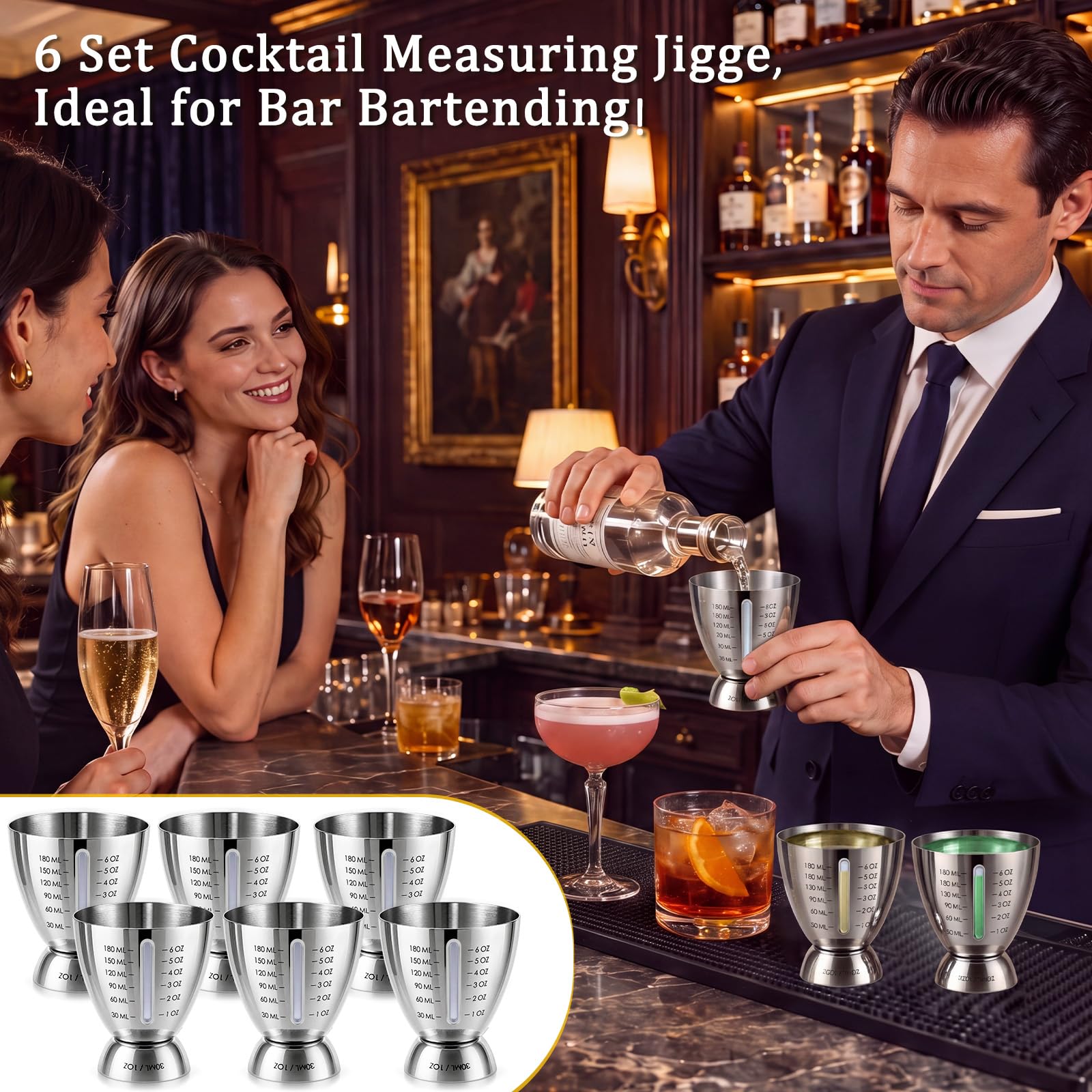 Lot de 6 doseuses à cocktail en acier inoxydable 304 avec marquages internes, 28,3 g, 170,1 g, pour bar professionnel, pour barman, maison, bar