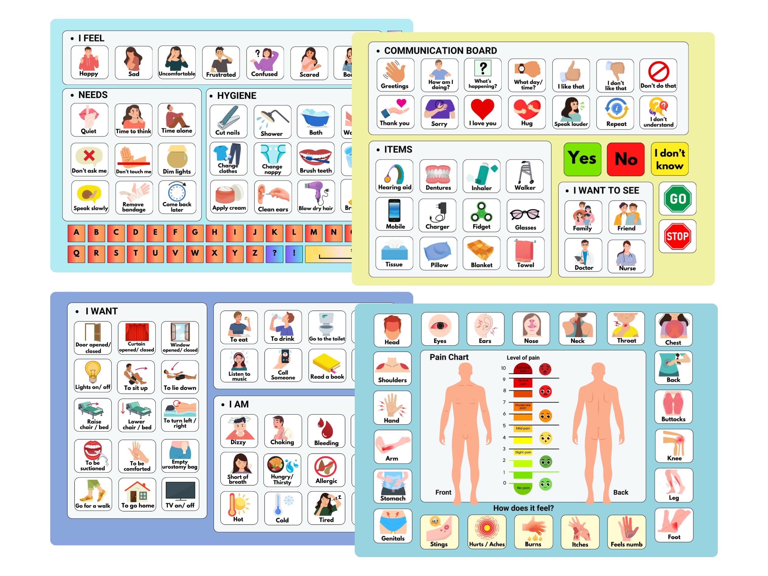 Communication Boards Set for Non Verbal Adults Aphasia Stroke Patients, Hospital and Care Home use, Picture Symbol Communication Cards