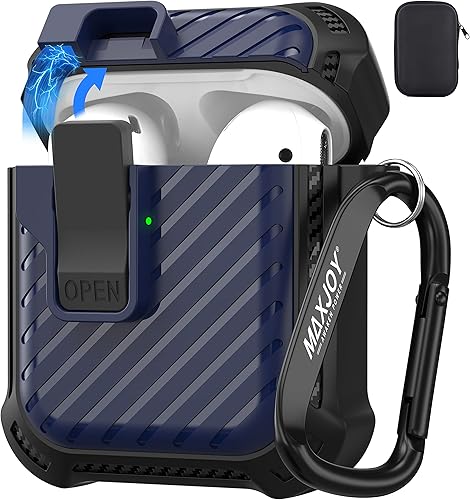 Maxjoy Funda protectora para AirPods, Airpods 2 con bloqueo seguro automático Gen 2, funda militar dura a prueba de golpes con llavero compatible