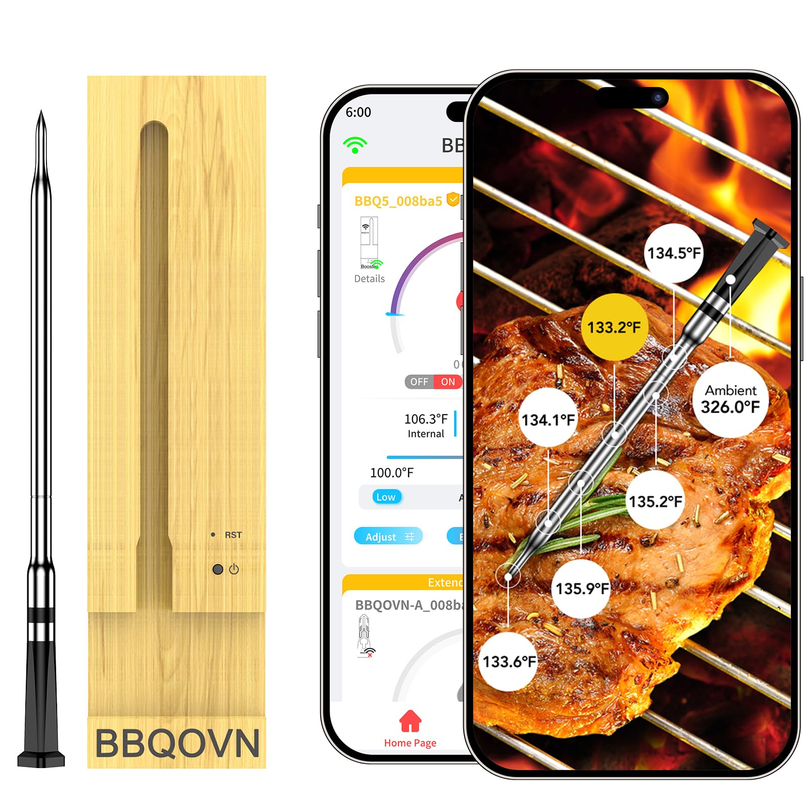 Termómetro inalámbrico inalámbrico con Bluetooth, rango ilimitado, control de temperatura en cualquier lugar, 7 sensores certificados NIST con temperatura ambiente, monitor para barbacoa, horno