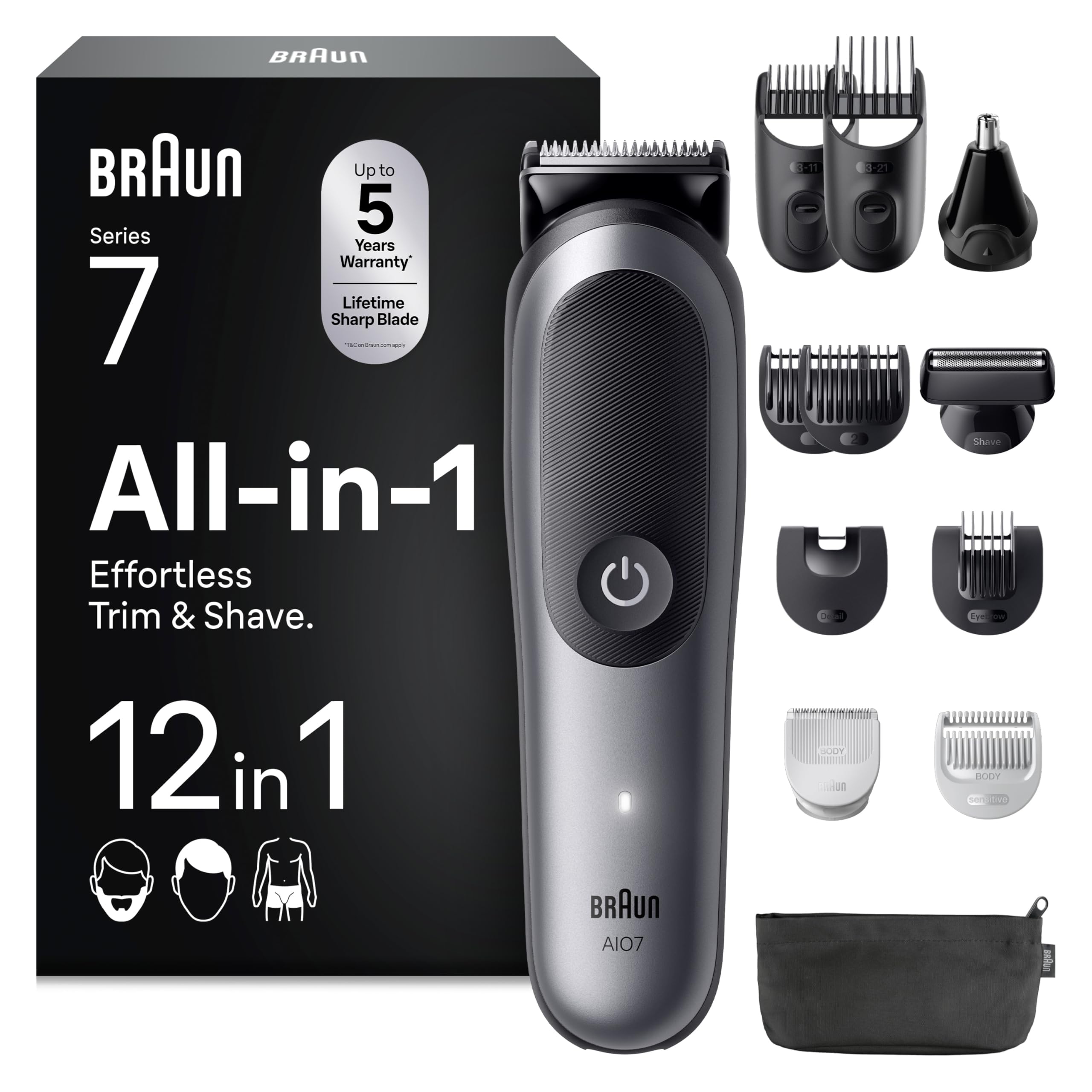 Braun Series 7 All-in-One Grooming Kit for Men, AIO7545, Grey - 12-in-1 MultiGroom Beard Trimmer, Hair Clipper & Body Shaver, ProBlade, AutoSense, SkinGuard, Waterproof, 120 min Cordless Use