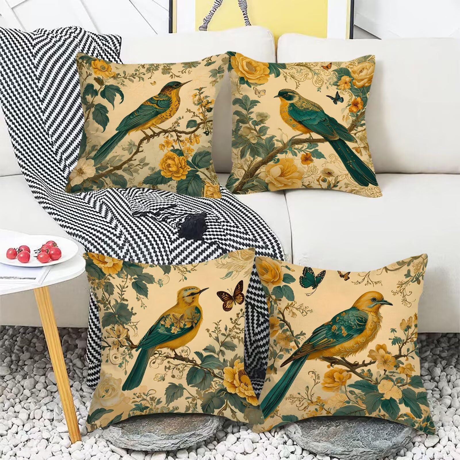 Federe per Cuscini Esterni Impermeabili Lino65 x 65 cm Set di 4, Doppio lato Quadrata Traspirante Cuscini Uccello retrò Primavera Estate Copricuscini, per Soggiorno Giardino Decorazione Regali I-s244