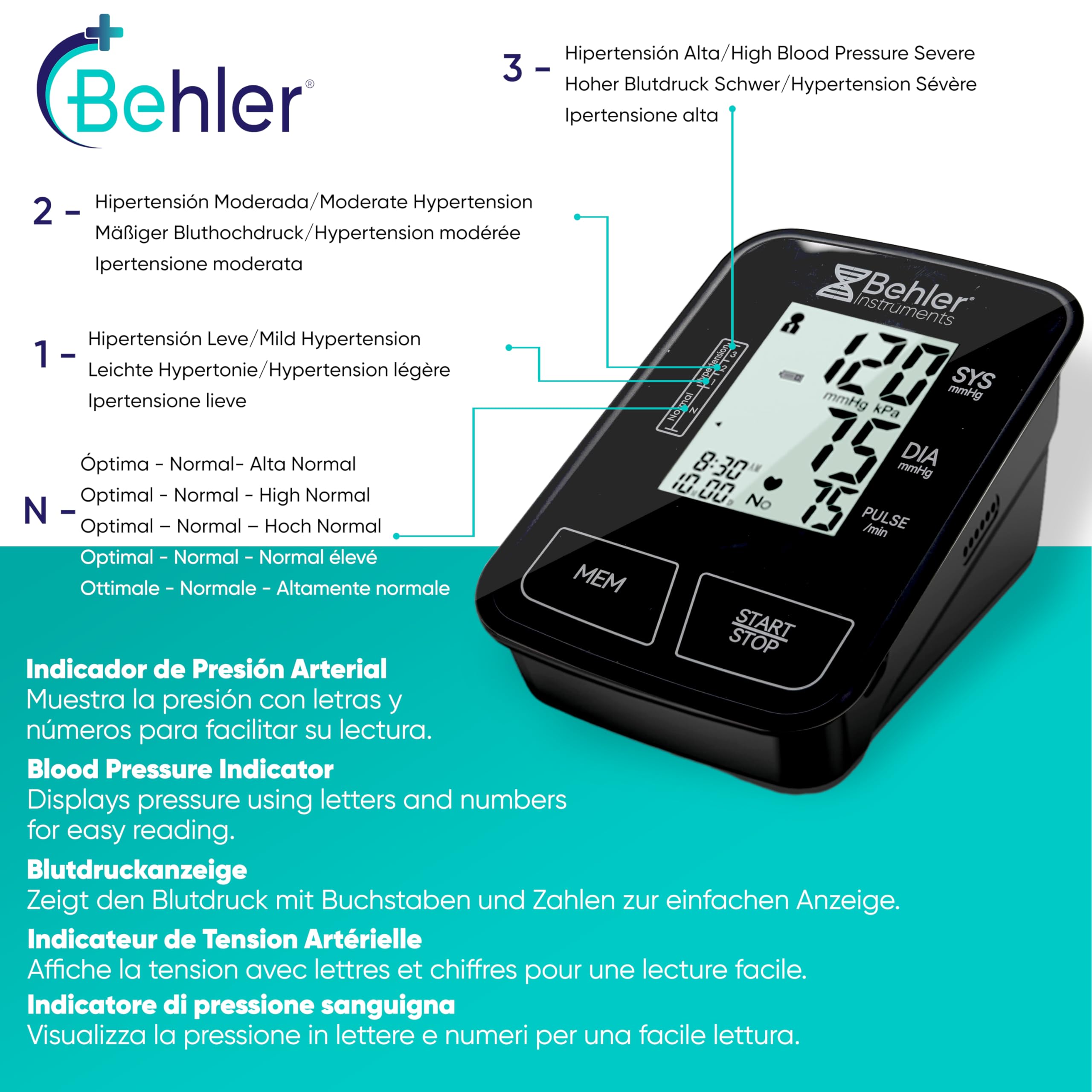 Tensiometro Brazo Digital Behler BDP-12C3 Automático – Medidor de Tensión Arterial con Voz (ES/FR/DE/EN) – Brazalete 22-42 cm – Detección de Arritmias y Promedio